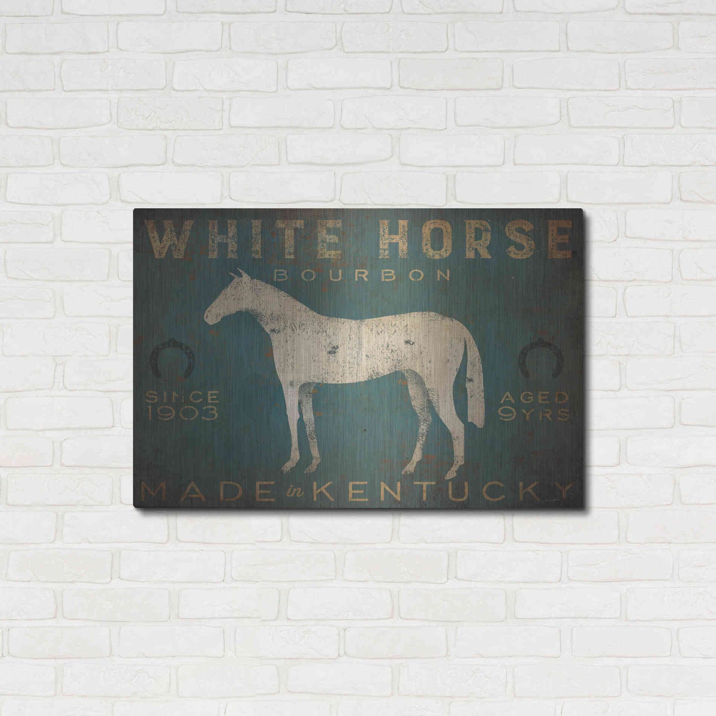 Luxe Metal Art 'White Horse with Words Blue' by Ryan Fowler, Metal Wall Art,36x24