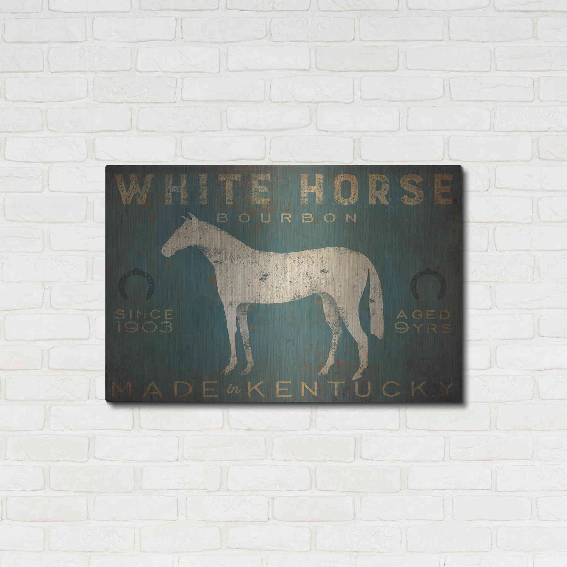 Luxe Metal Art 'White Horse with Words Blue' by Ryan Fowler, Metal Wall Art,36x24