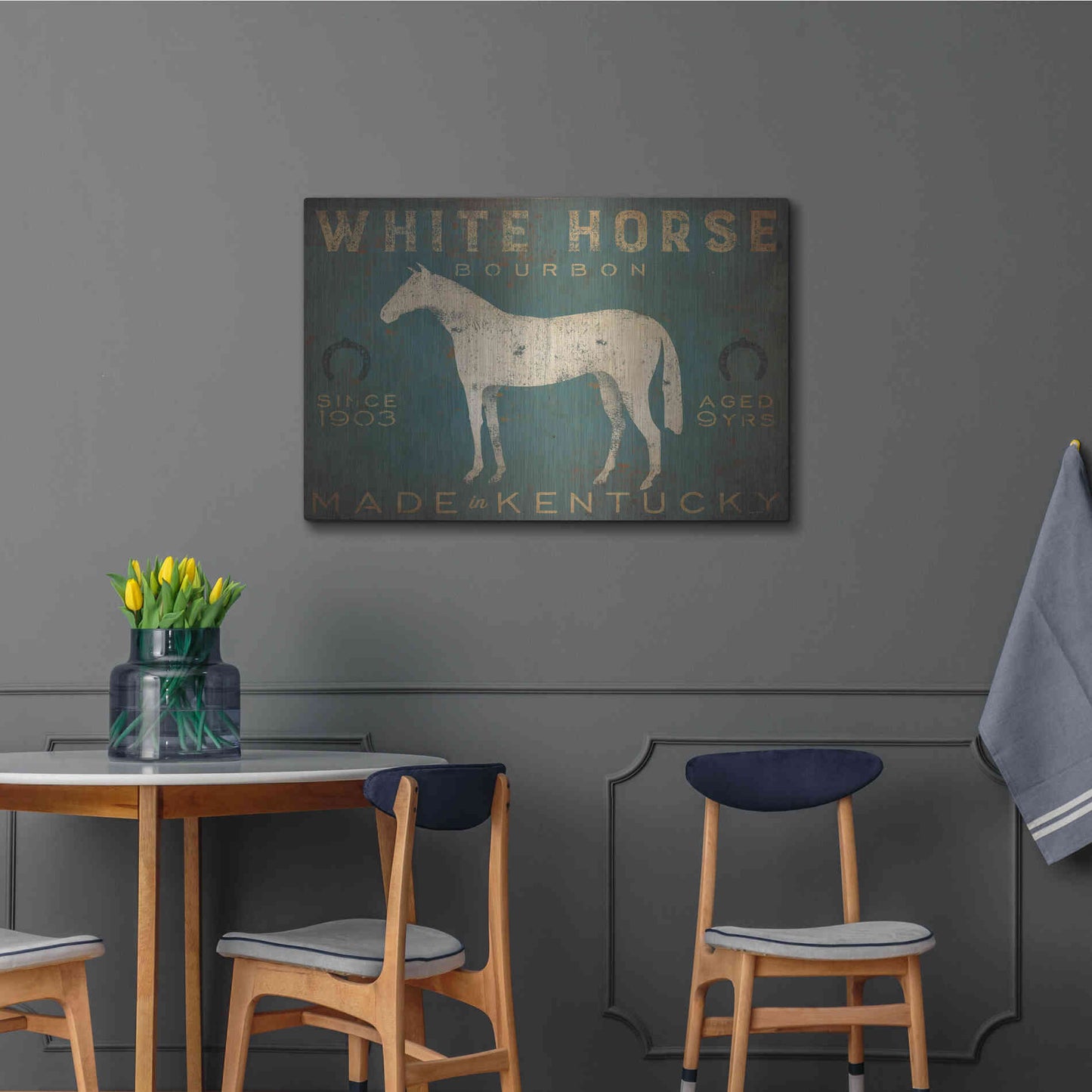 Luxe Metal Art 'White Horse with Words Blue' by Ryan Fowler, Metal Wall Art,36x24