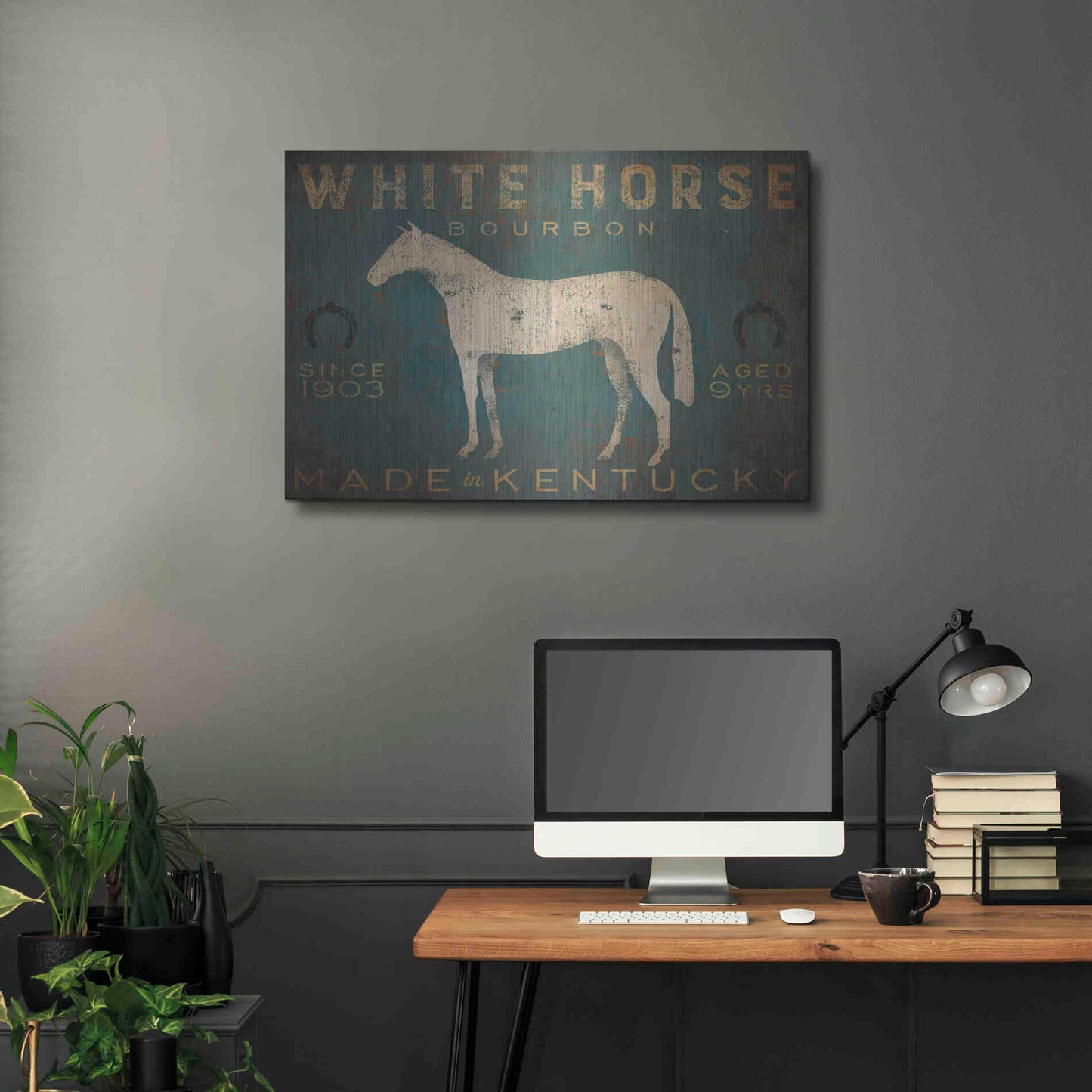 Luxe Metal Art 'White Horse with Words Blue' by Ryan Fowler, Metal Wall Art,36x24