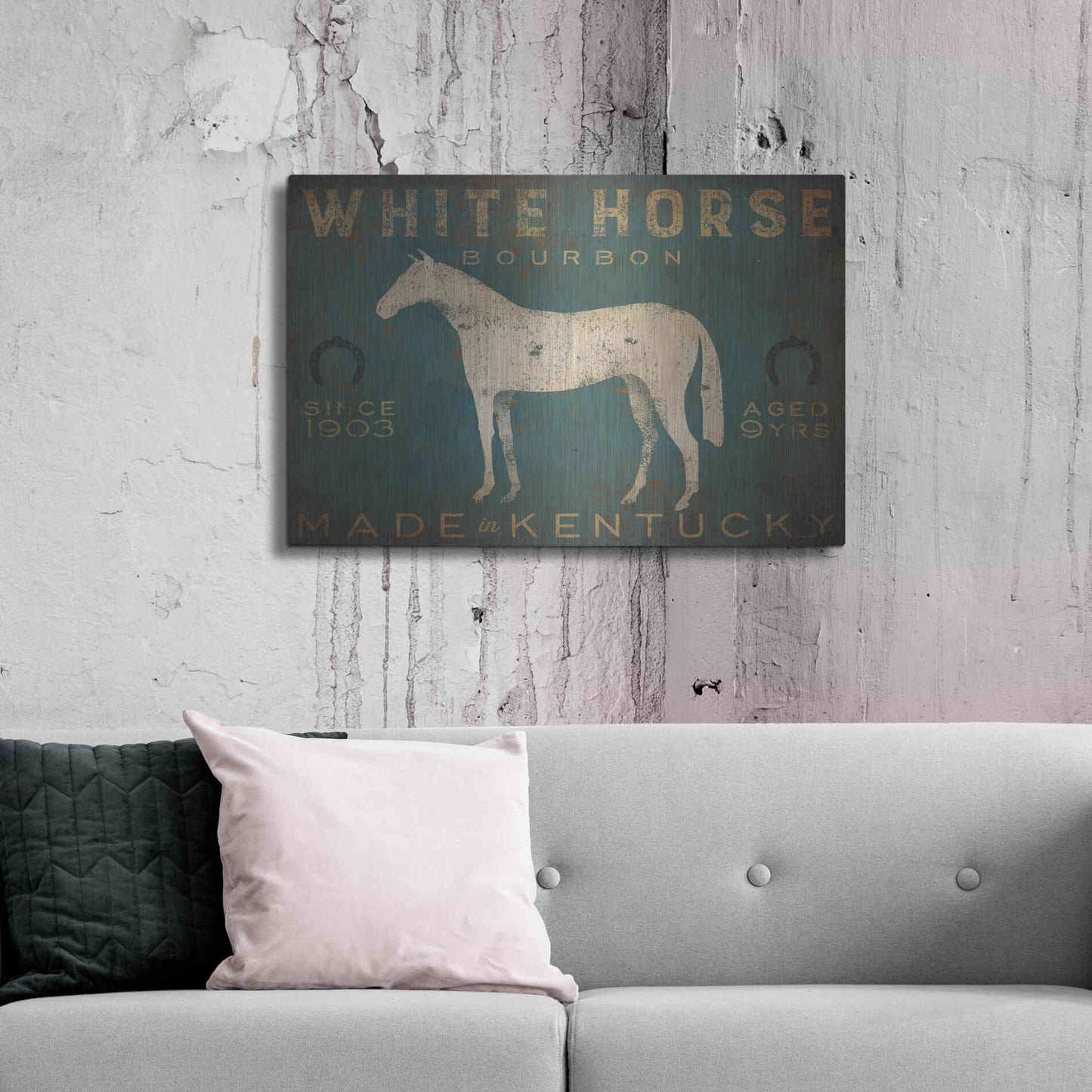 Luxe Metal Art 'White Horse with Words Blue' by Ryan Fowler, Metal Wall Art,36x24