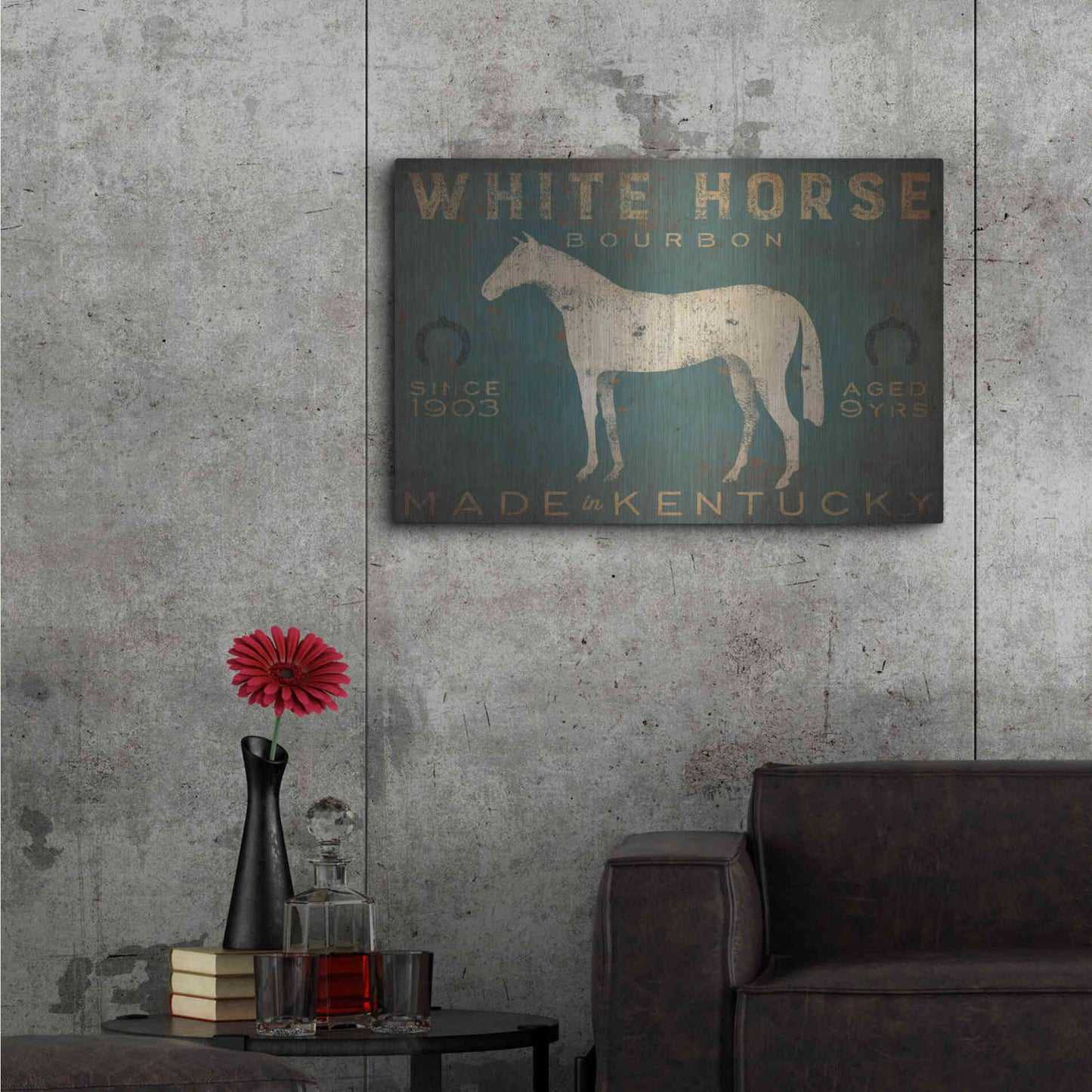 Luxe Metal Art 'White Horse with Words Blue' by Ryan Fowler, Metal Wall Art,36x24