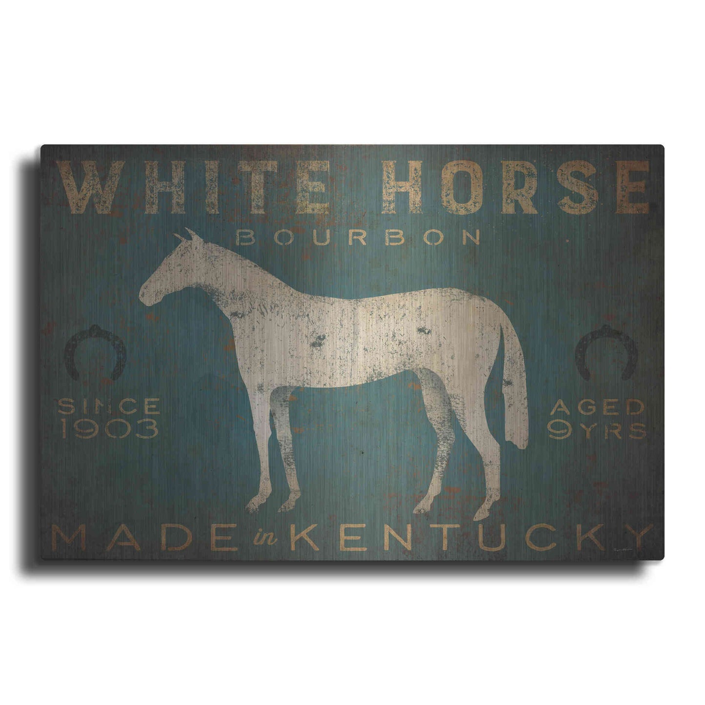 Luxe Metal Art 'White Horse with Words Blue' by Ryan Fowler, Metal Wall Art