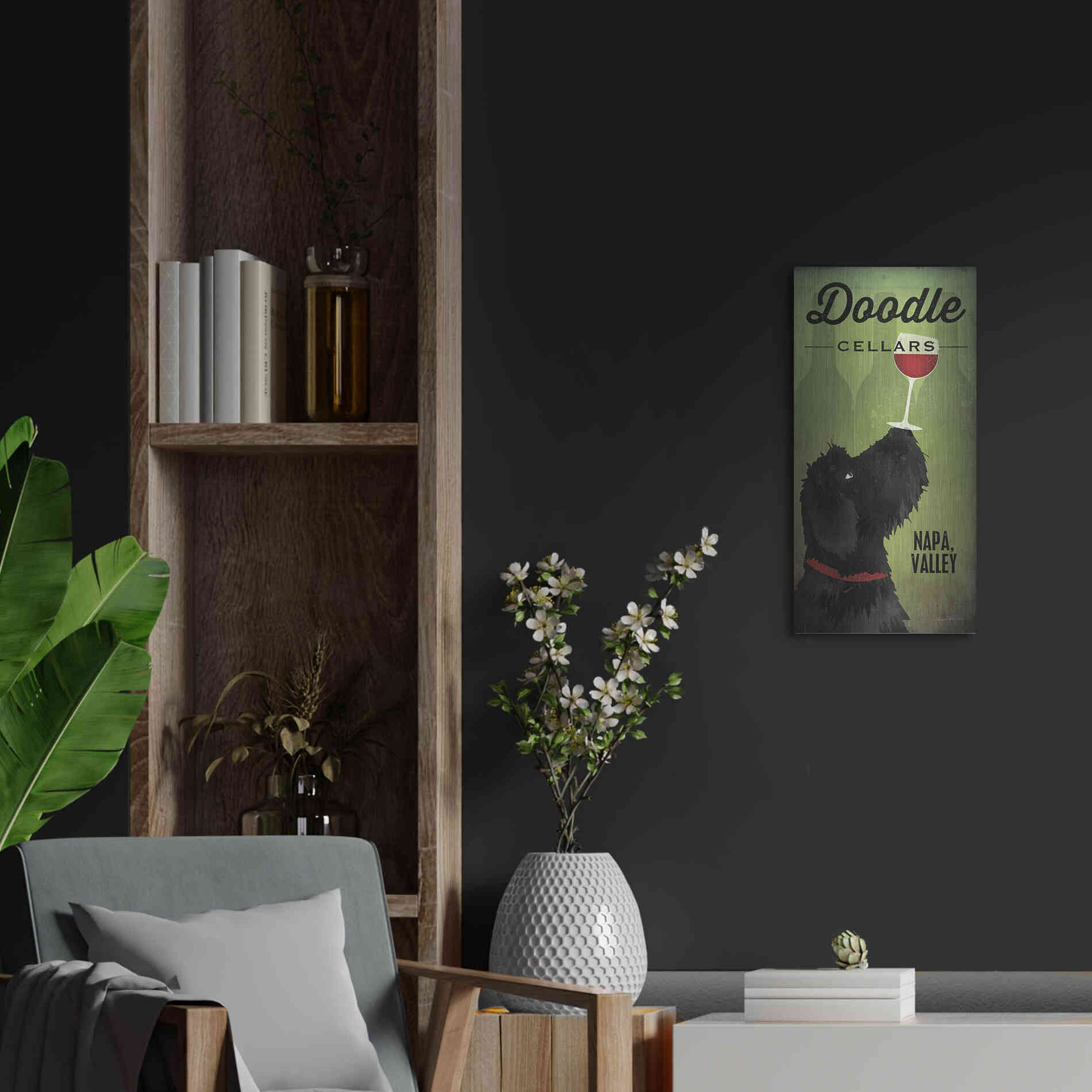 Luxe Metal Art 'Doodle Wine II Black Dog' by Ryan Fowler, Metal Wall Art,12x24