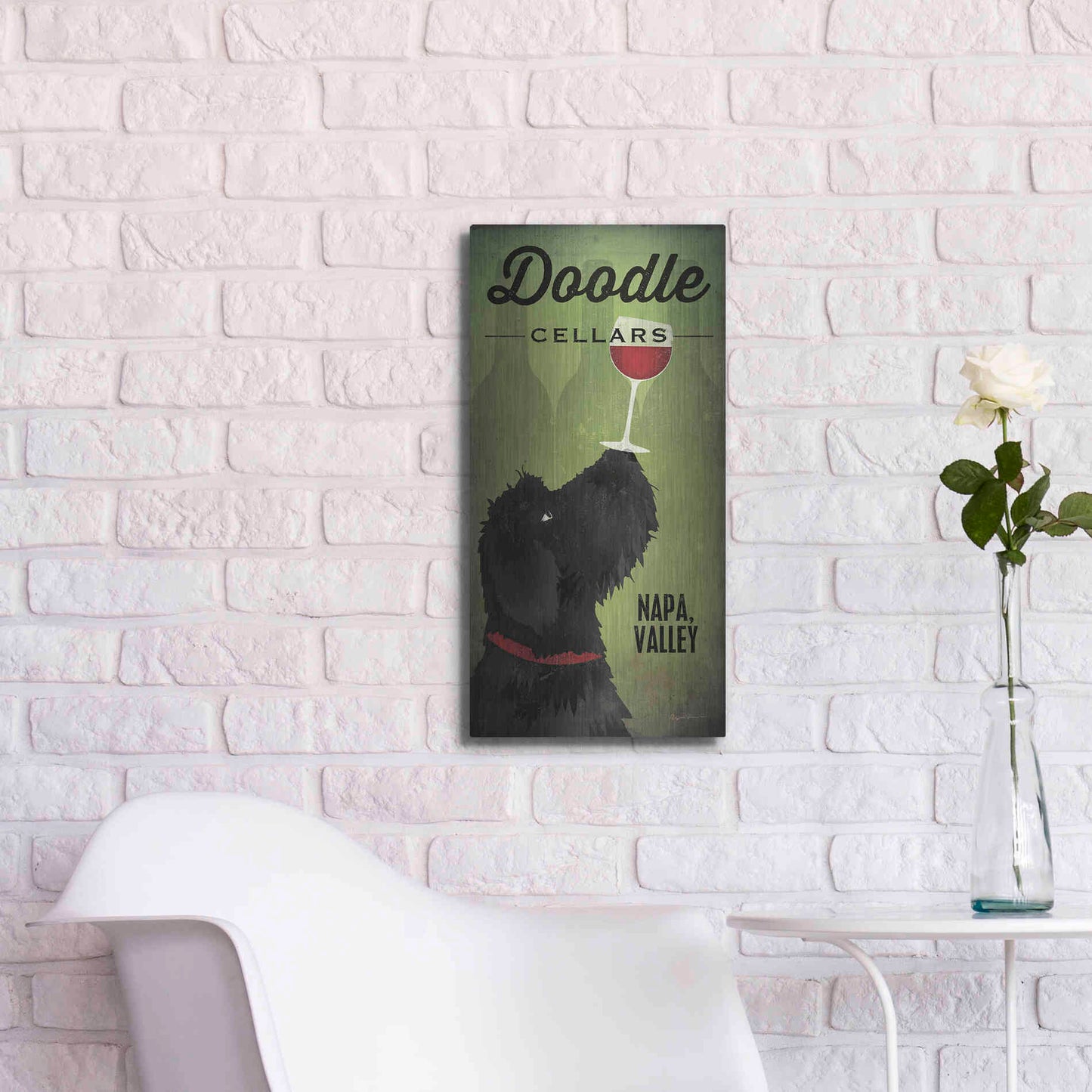 Luxe Metal Art 'Doodle Wine II Black Dog' by Ryan Fowler, Metal Wall Art,12x24