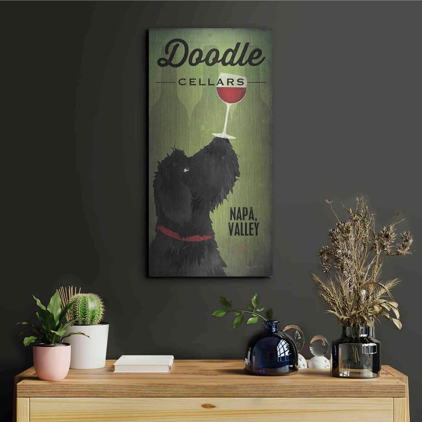 Luxe Metal Art 'Doodle Wine II Black Dog' by Ryan Fowler, Metal Wall Art,12x24