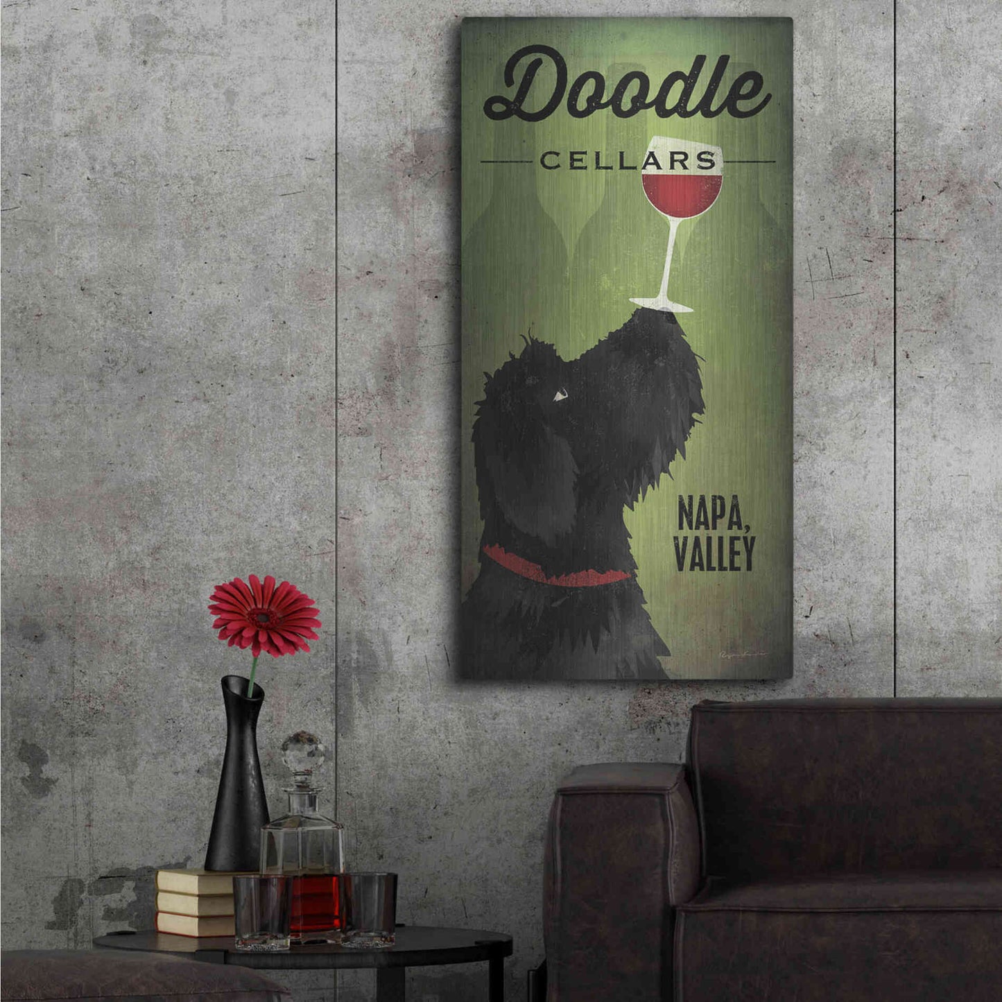 Luxe Metal Art 'Doodle Wine II Black Dog' by Ryan Fowler, Metal Wall Art,24x48