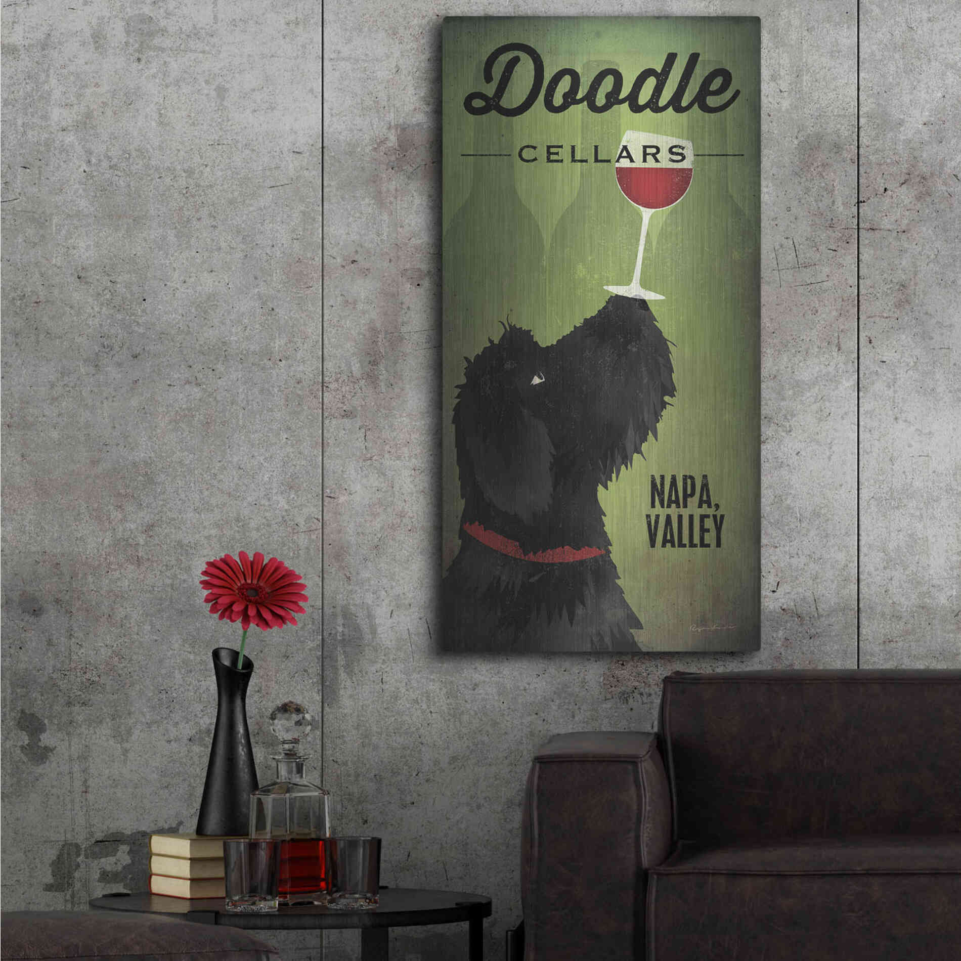 Luxe Metal Art 'Doodle Wine II Black Dog' by Ryan Fowler, Metal Wall Art,24x48