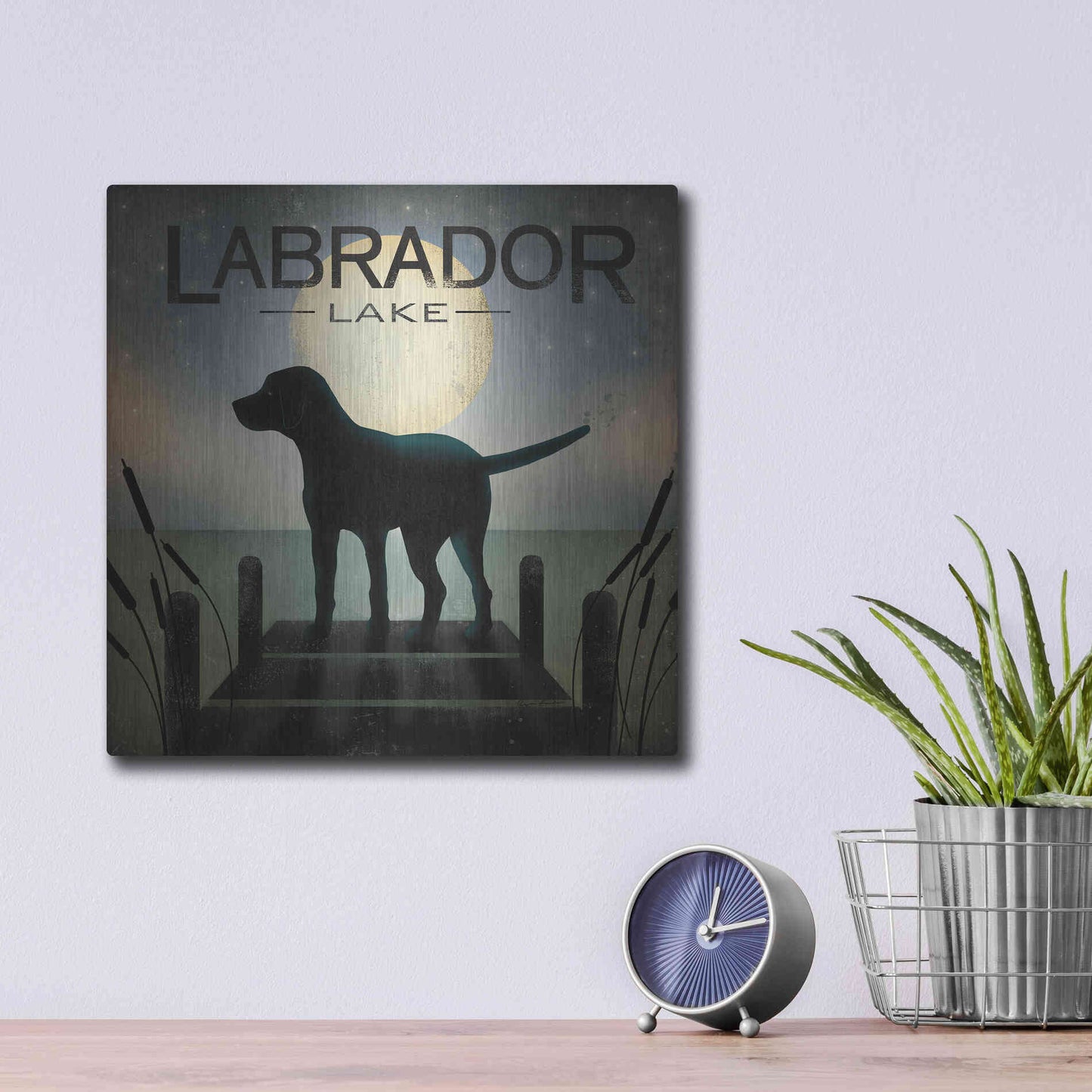 Luxe Metal Art 'Moonrise Black Dog - Labrador Lake' by Ryan Fowler, Metal Wall Art,12x12