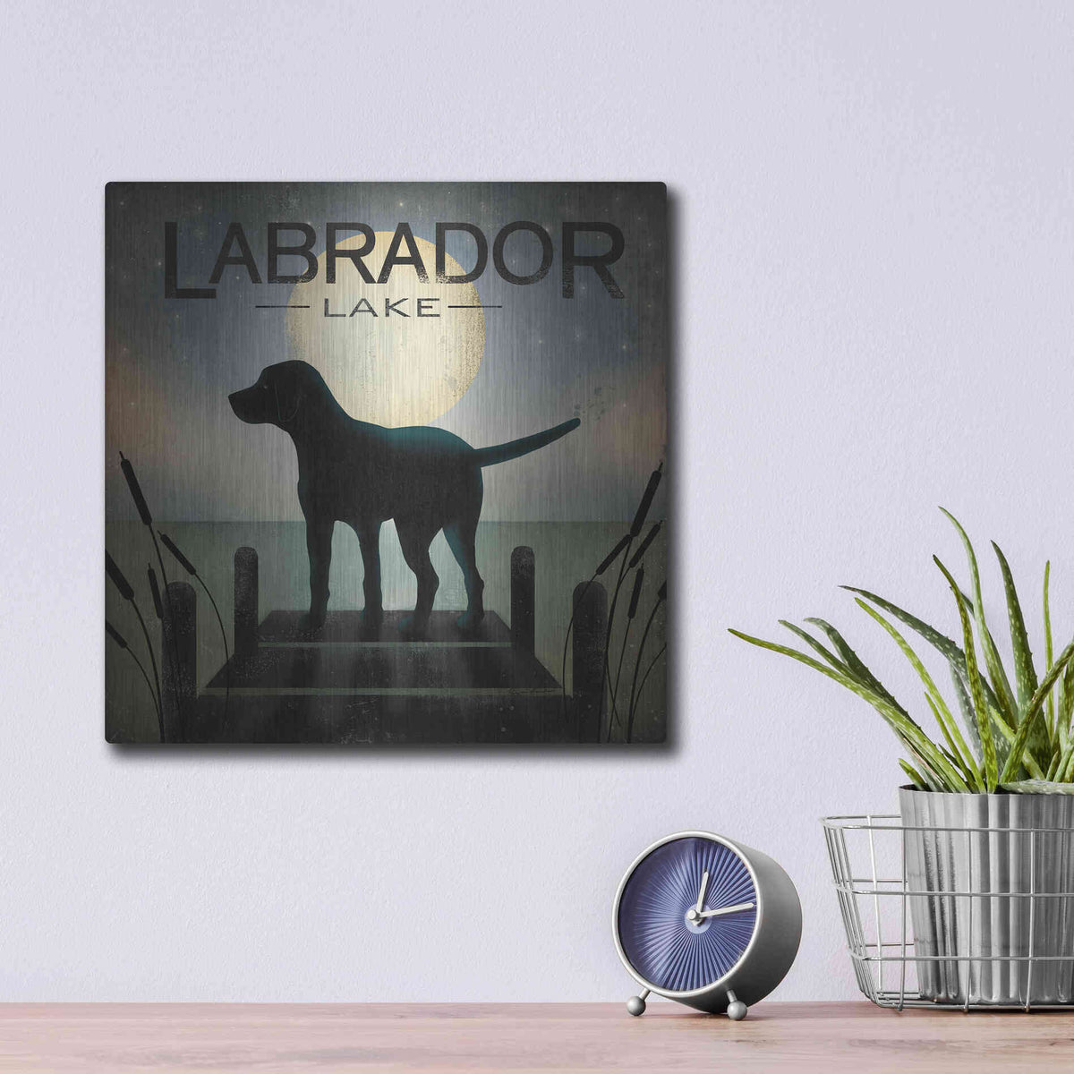 Luxe Metal Art 'Moonrise Black Dog - Labrador Lake' by Ryan Fowler, Metal Wall Art,12x12