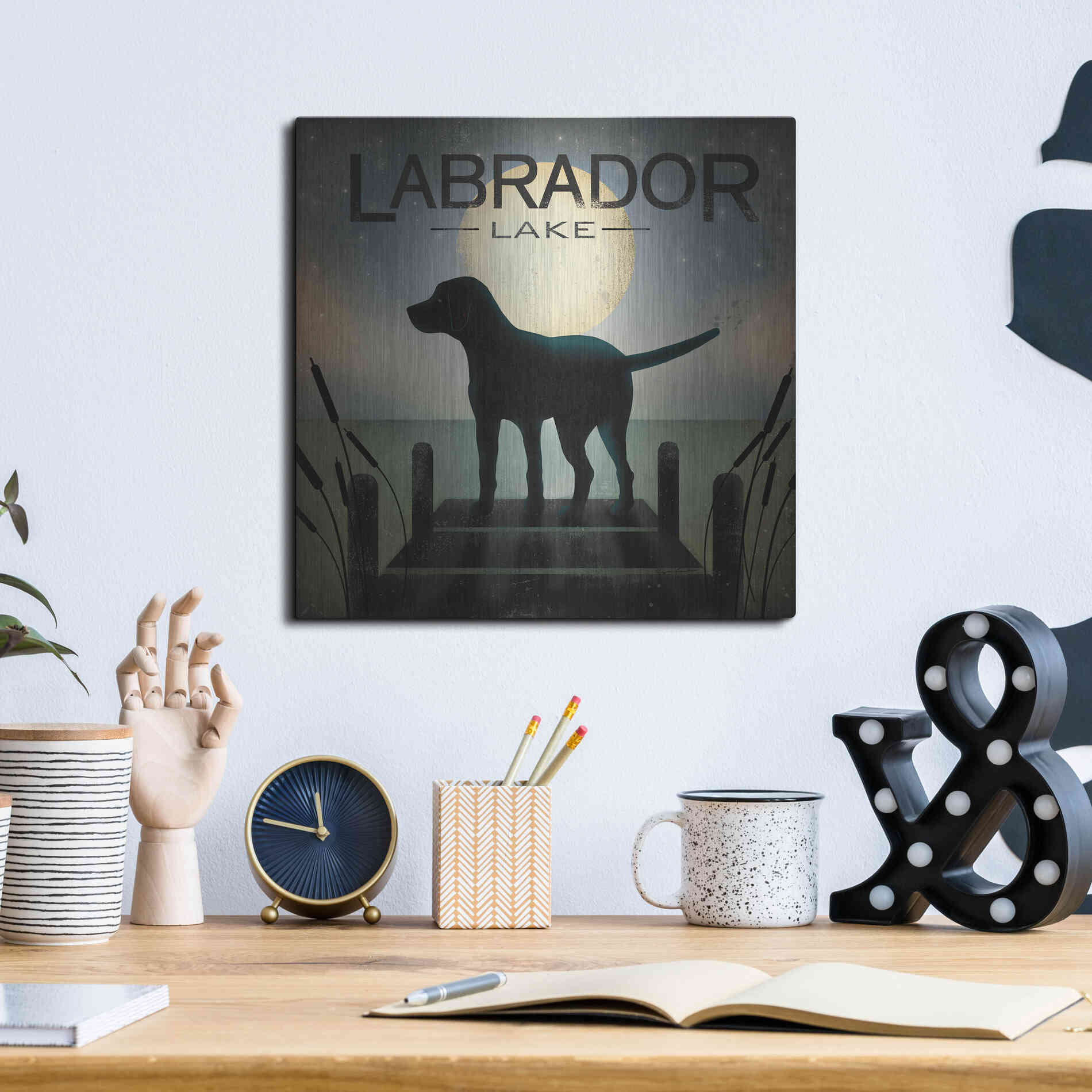 Luxe Metal Art 'Moonrise Black Dog - Labrador Lake' by Ryan Fowler, Metal Wall Art,12x12