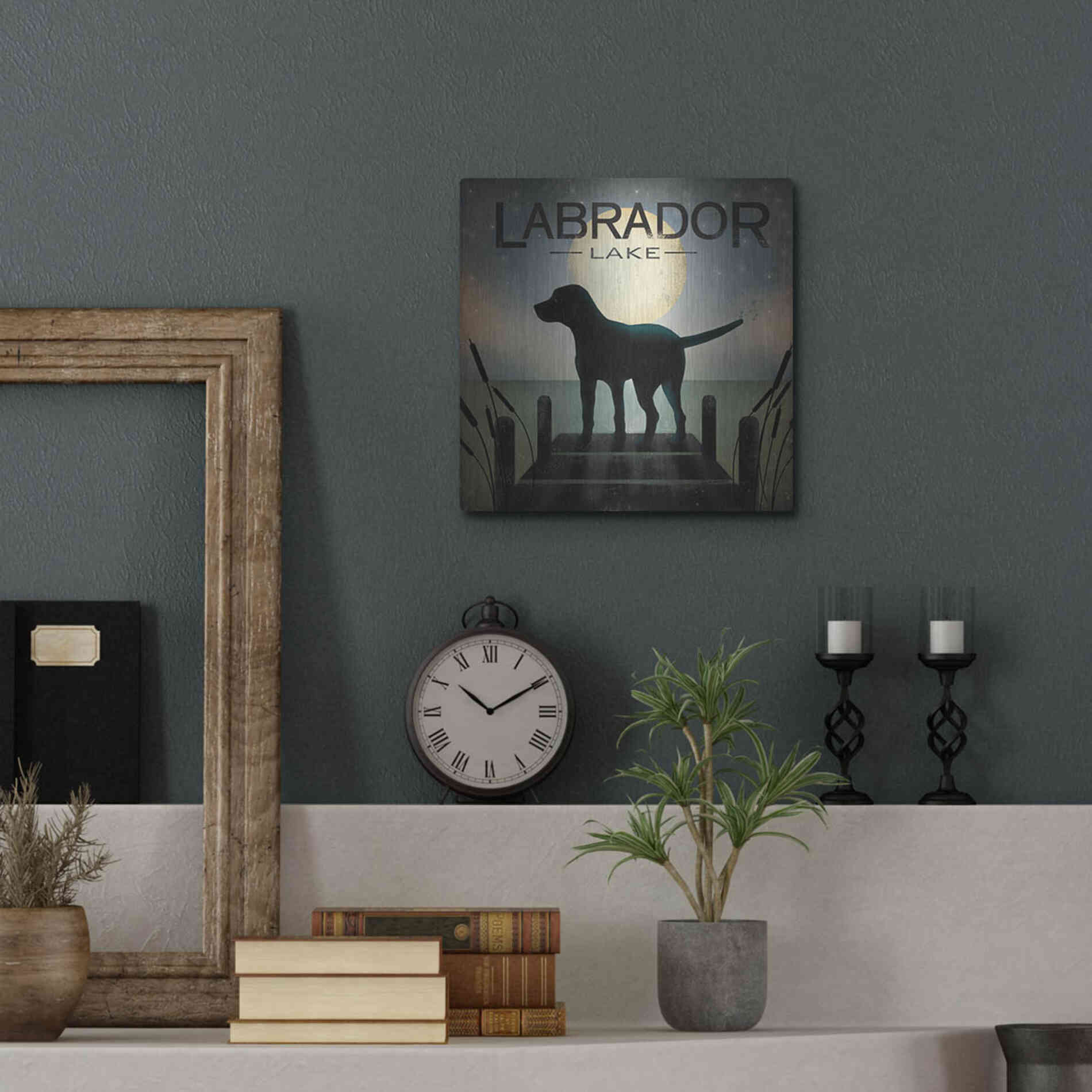 Luxe Metal Art 'Moonrise Black Dog - Labrador Lake' by Ryan Fowler, Metal Wall Art,12x12