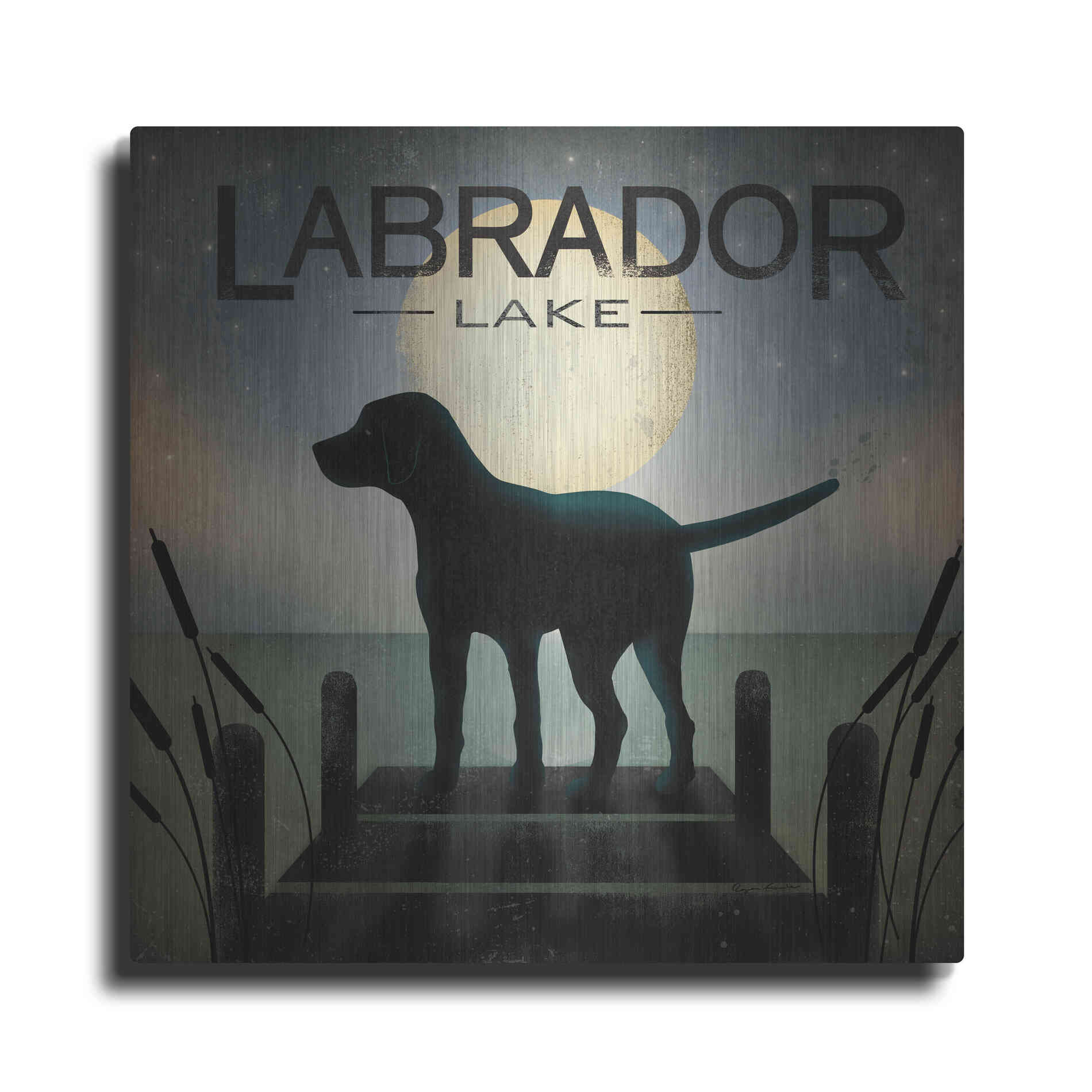 Luxe Metal Art 'Moonrise Black Dog - Labrador Lake' by Ryan Fowler, Metal Wall Art