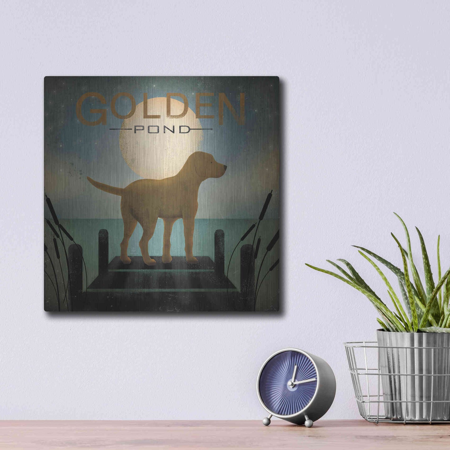 Luxe Metal Art 'Moonrise Yellow Dog - Golden Pond' by Ryan Fowler, Metal Wall Art,12x12