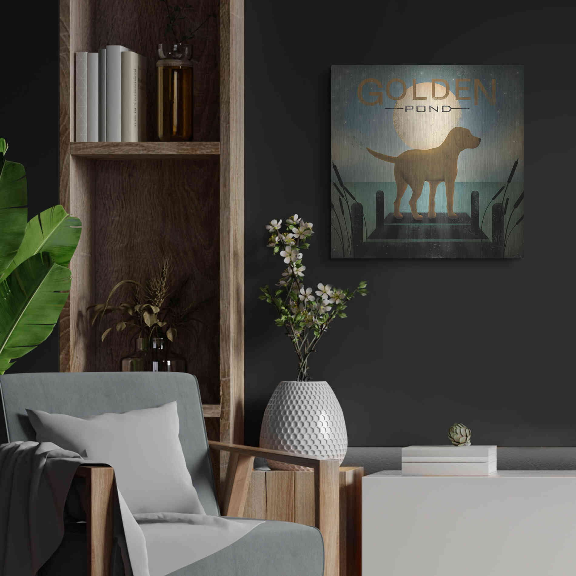 Luxe Metal Art 'Moonrise Yellow Dog - Golden Pond' by Ryan Fowler, Metal Wall Art,24x24