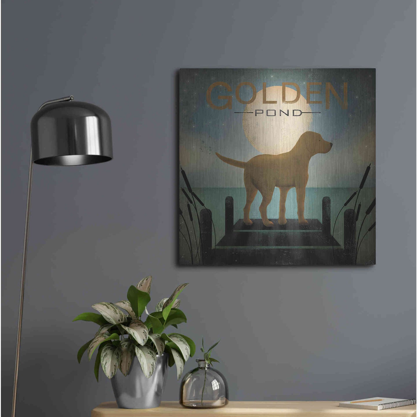 Luxe Metal Art 'Moonrise Yellow Dog - Golden Pond' by Ryan Fowler, Metal Wall Art,24x24
