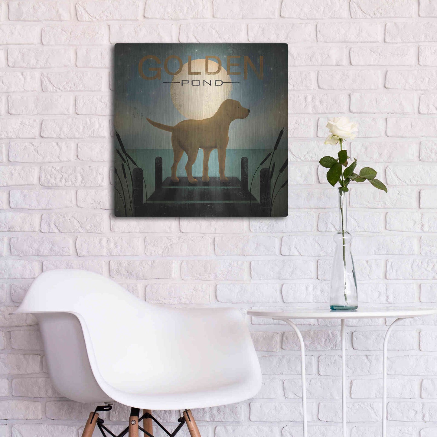 Luxe Metal Art 'Moonrise Yellow Dog - Golden Pond' by Ryan Fowler, Metal Wall Art,24x24