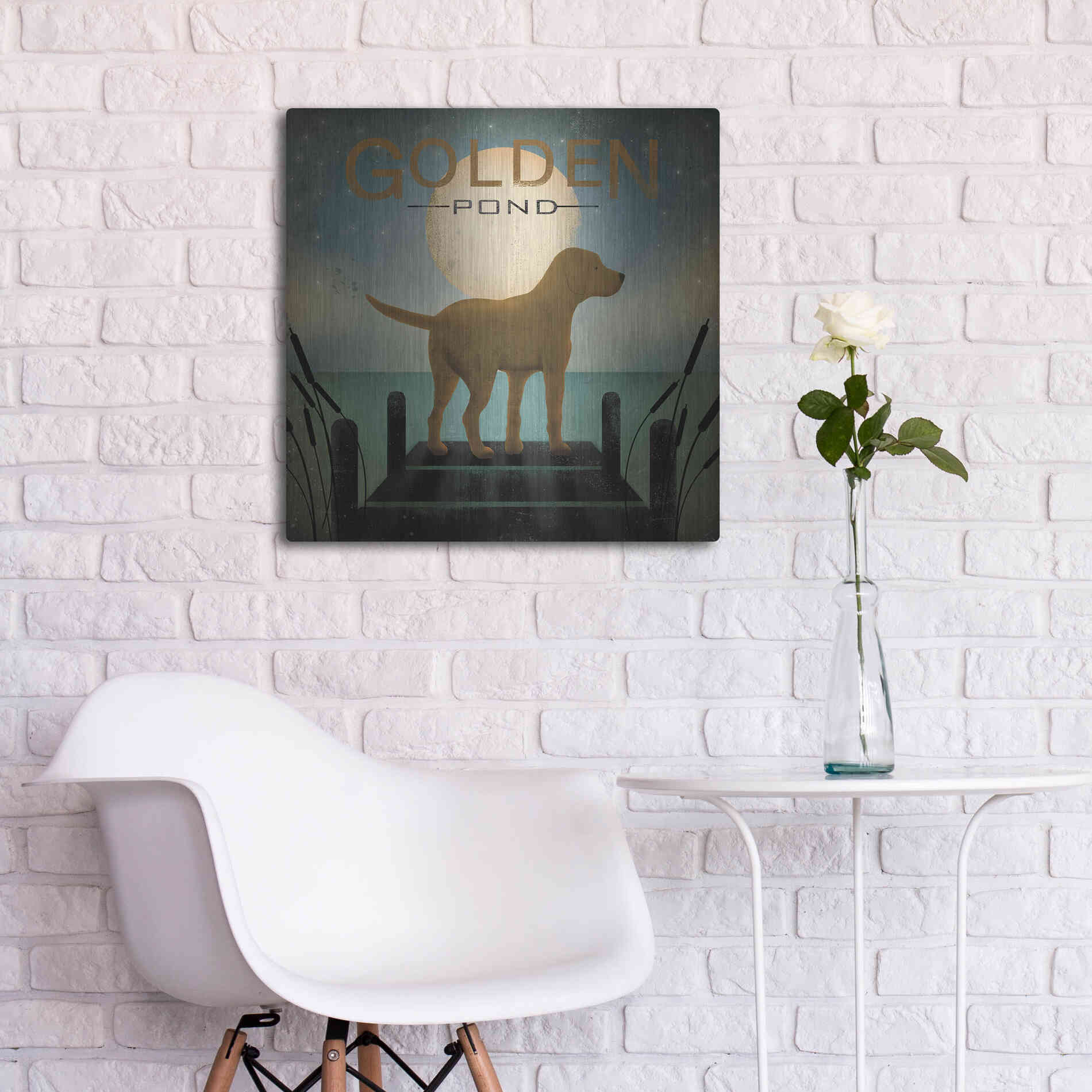 Luxe Metal Art 'Moonrise Yellow Dog - Golden Pond' by Ryan Fowler, Metal Wall Art,24x24