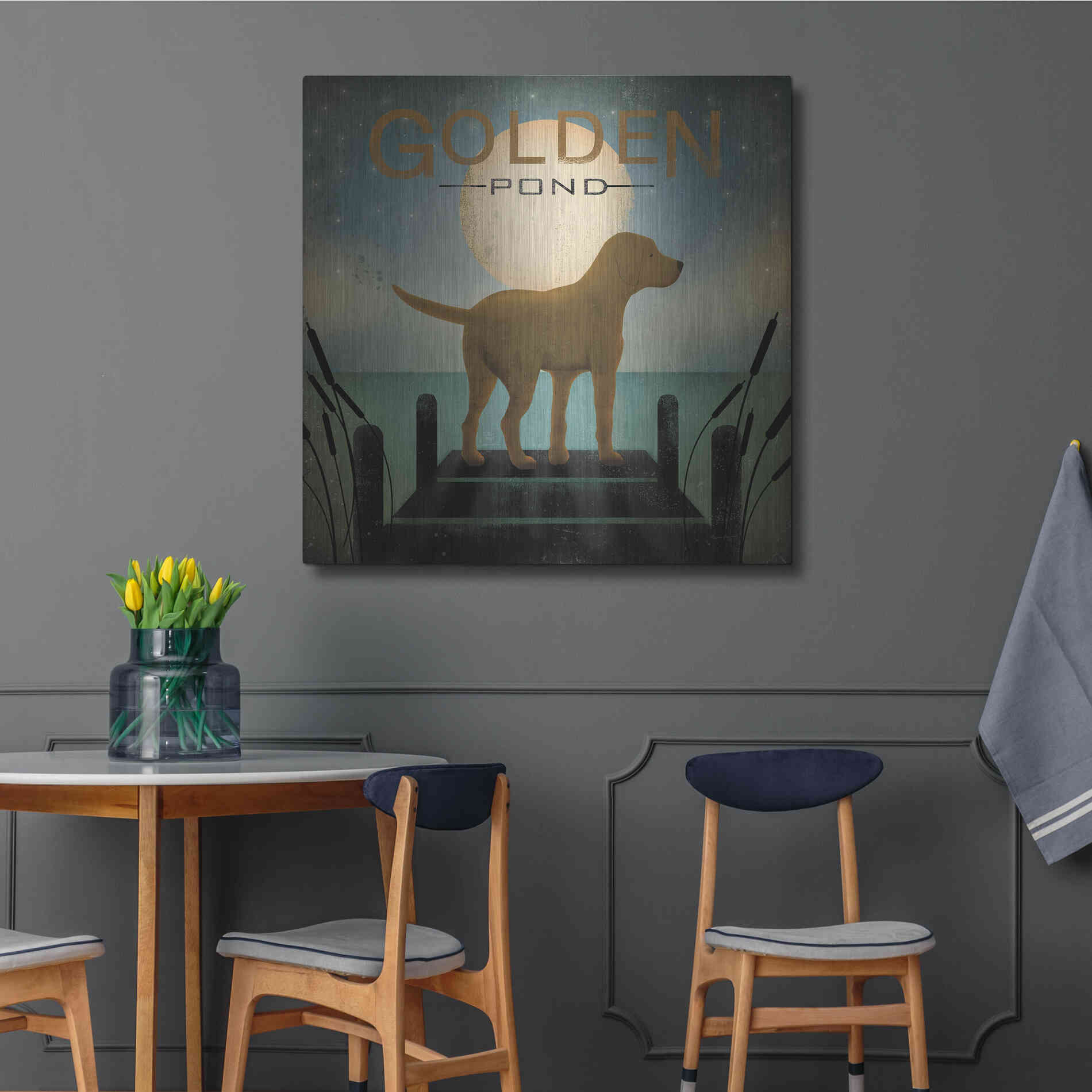 Luxe Metal Art 'Moonrise Yellow Dog - Golden Pond' by Ryan Fowler, Metal Wall Art,36x36