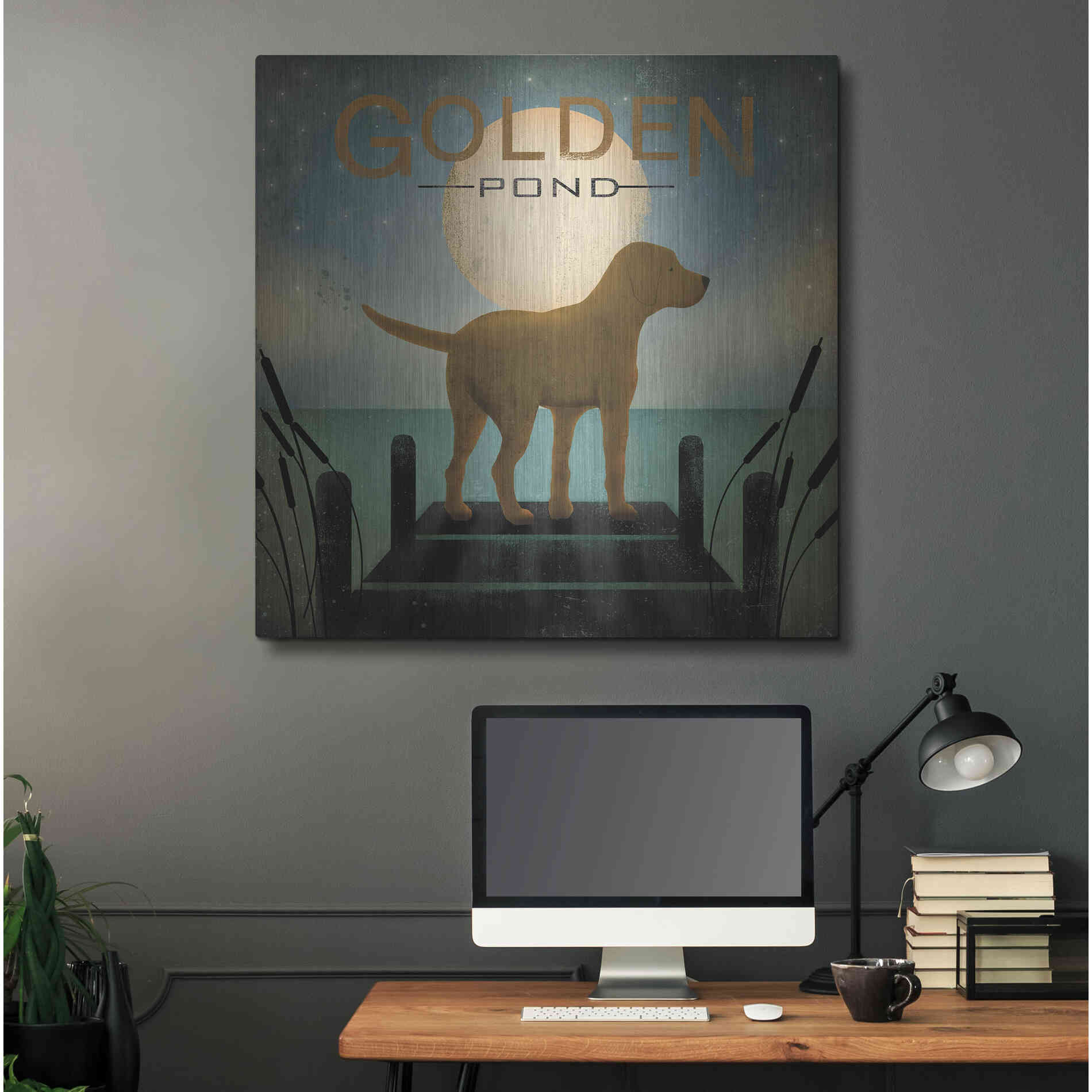 Luxe Metal Art 'Moonrise Yellow Dog - Golden Pond' by Ryan Fowler, Metal Wall Art,36x36