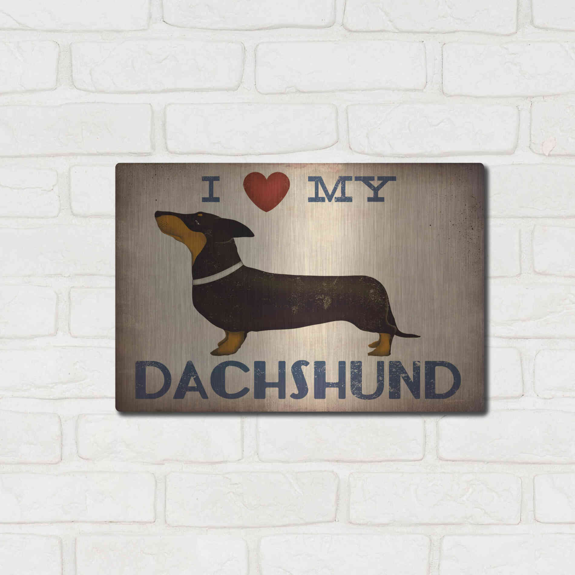 Luxe Metal Art 'Dachshund Longboards - Love v2' by Ryan Fowler, Metal Wall Art,16x12