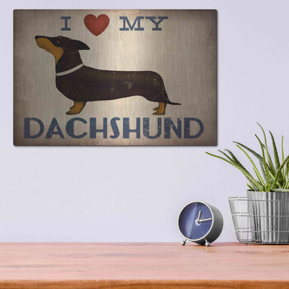Luxe Metal Art 'Dachshund Longboards - Love v2' by Ryan Fowler, Metal Wall Art,16x12