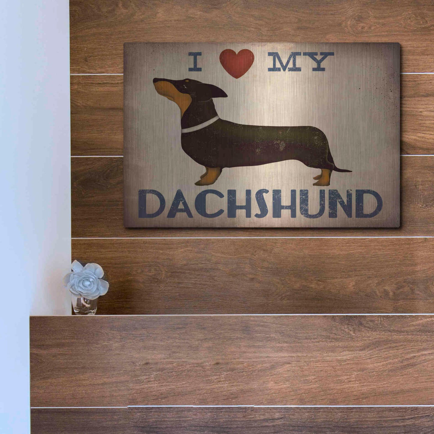 Luxe Metal Art 'Dachshund Longboards - Love v2' by Ryan Fowler, Metal Wall Art,16x12
