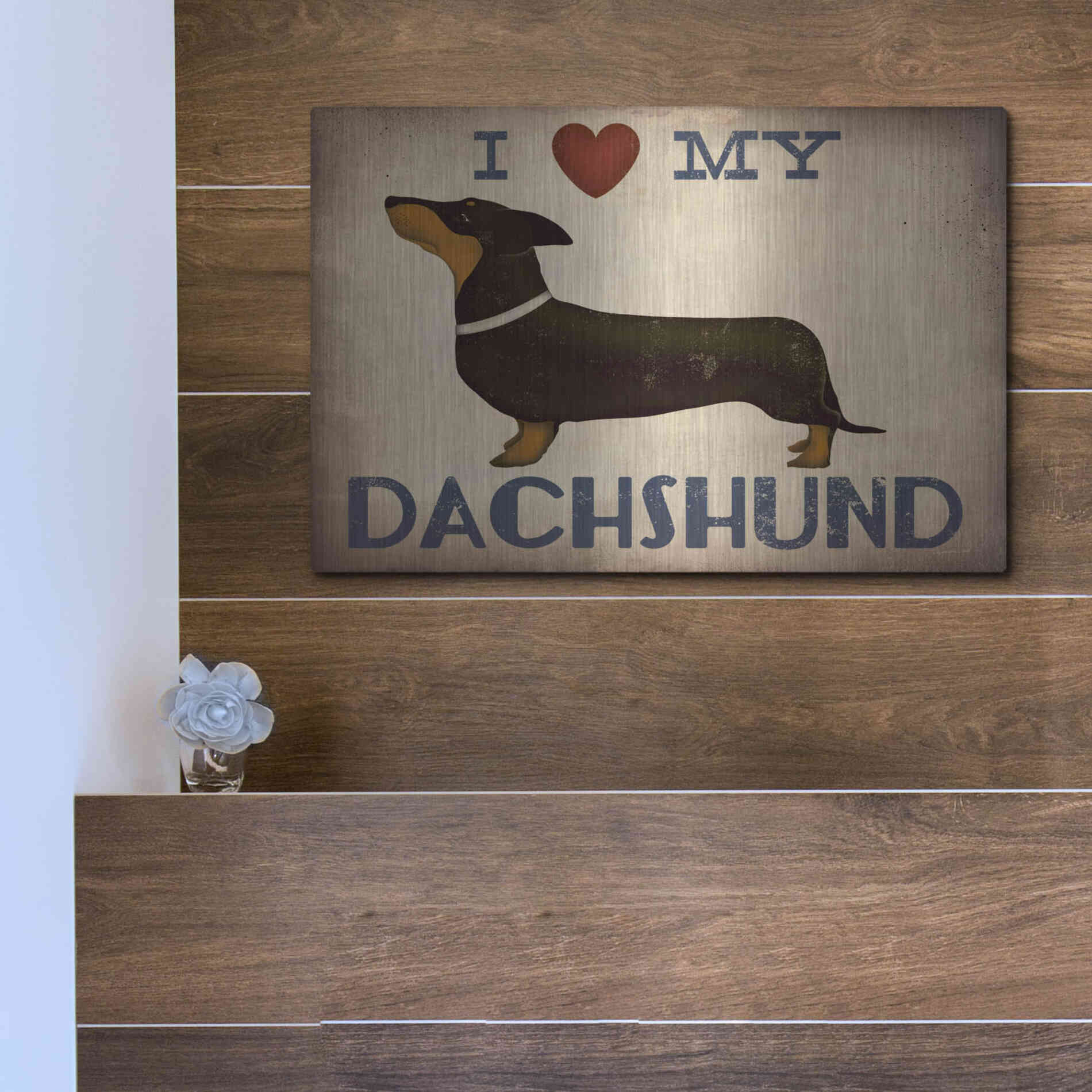 Luxe Metal Art 'Dachshund Longboards - Love v2' by Ryan Fowler, Metal Wall Art,16x12