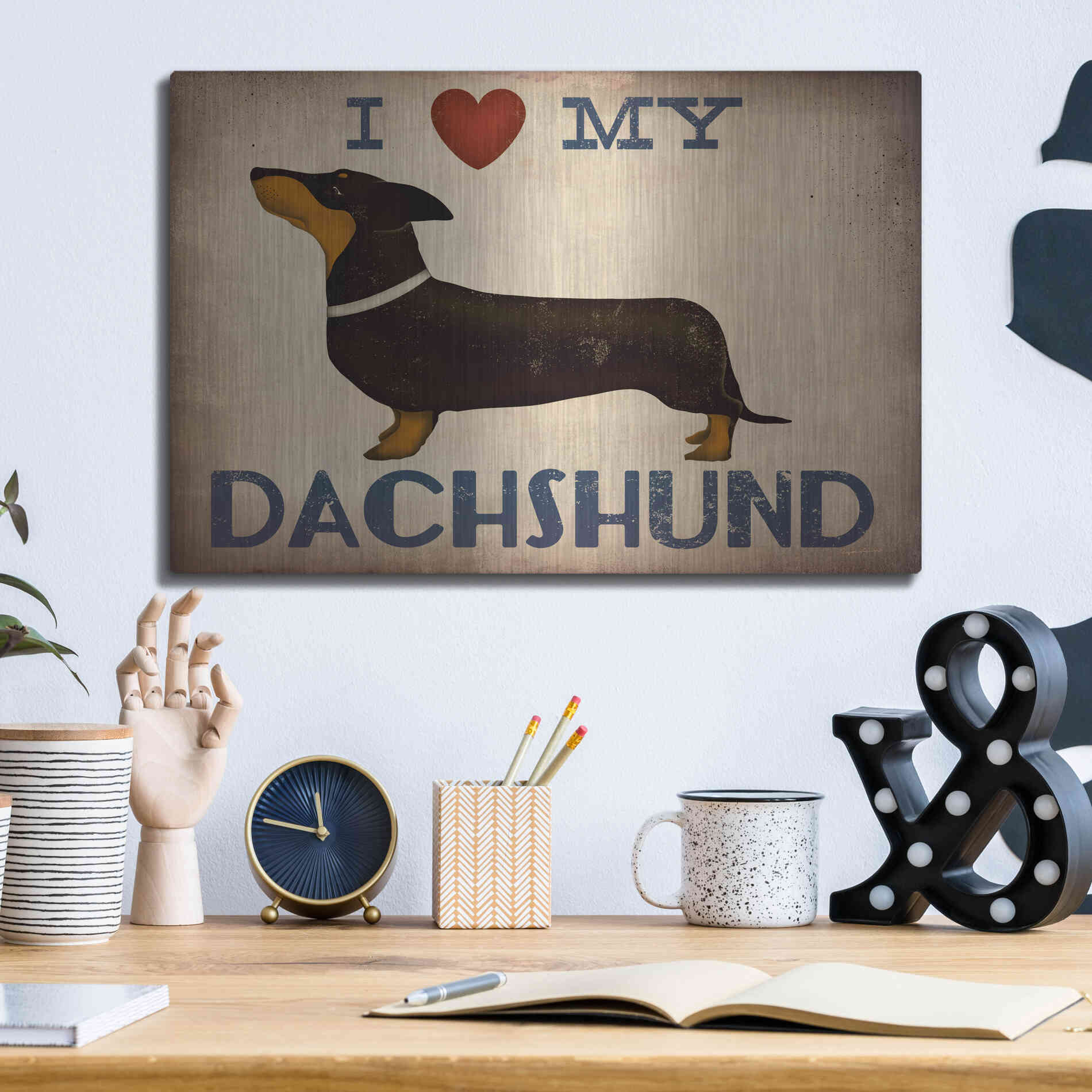 Luxe Metal Art 'Dachshund Longboards - Love v2' by Ryan Fowler, Metal Wall Art,16x12
