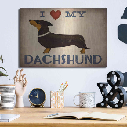 Luxe Metal Art 'Dachshund Longboards - Love v2' by Ryan Fowler, Metal Wall Art,16x12