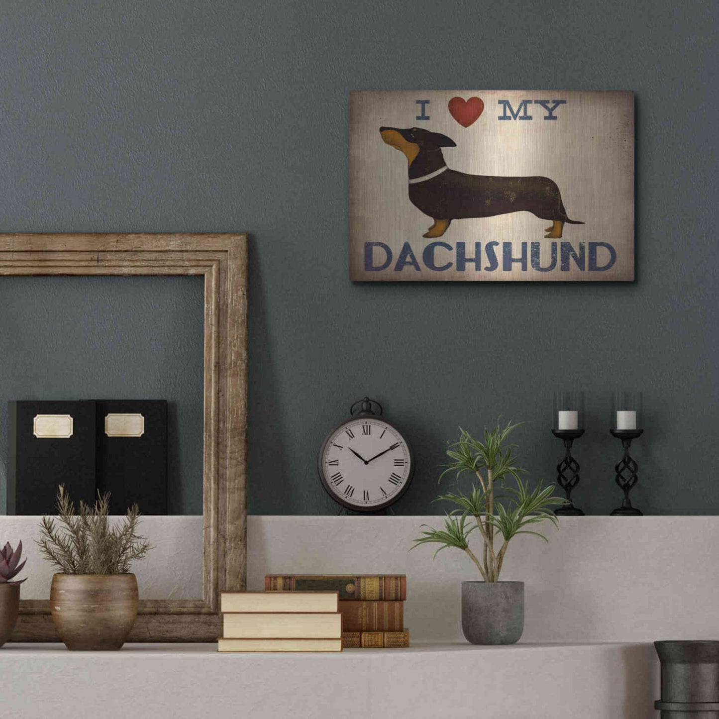 Luxe Metal Art 'Dachshund Longboards - Love v2' by Ryan Fowler, Metal Wall Art,16x12