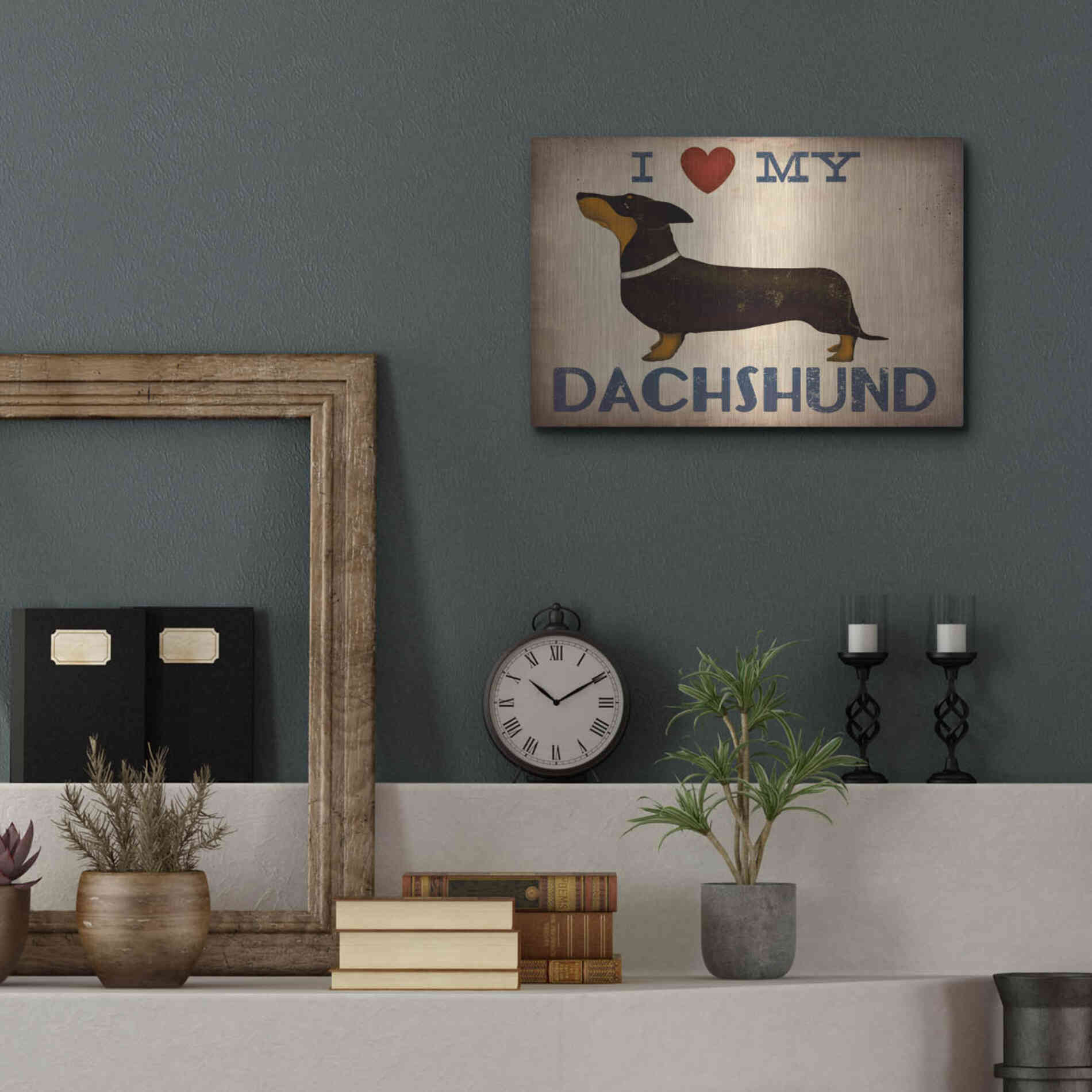 Luxe Metal Art 'Dachshund Longboards - Love v2' by Ryan Fowler, Metal Wall Art,16x12