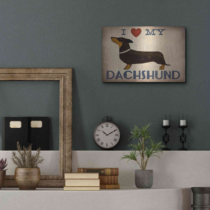 Luxe Metal Art 'Dachshund Longboards - Love v2' by Ryan Fowler, Metal Wall Art,16x12