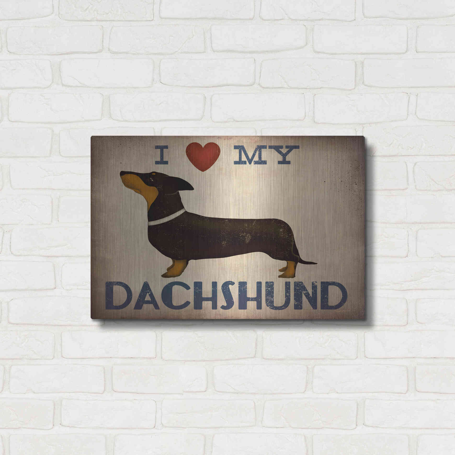 Luxe Metal Art 'Dachshund Longboards - Love v2' by Ryan Fowler, Metal Wall Art,24x16