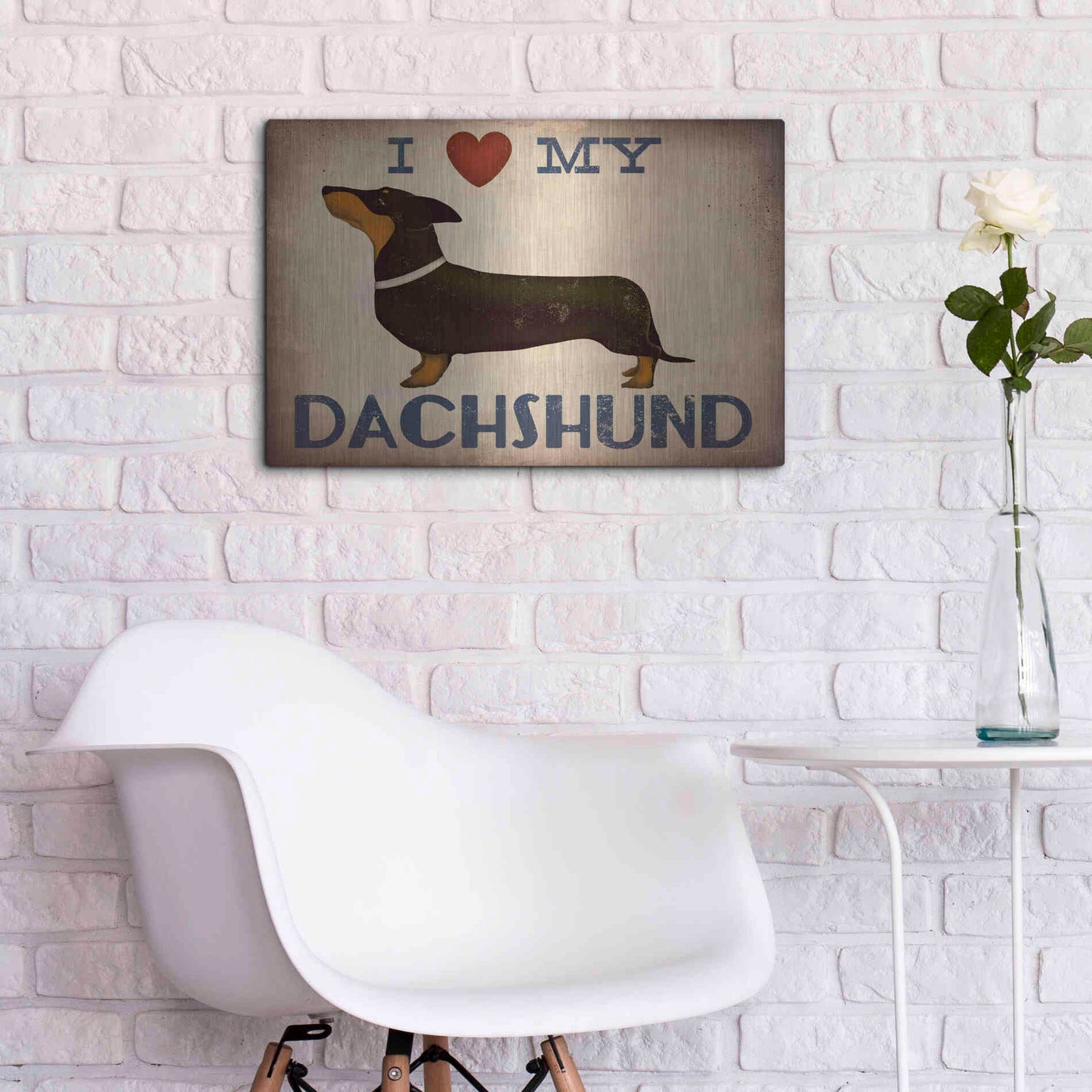 Luxe Metal Art 'Dachshund Longboards - Love v2' by Ryan Fowler, Metal Wall Art,24x16