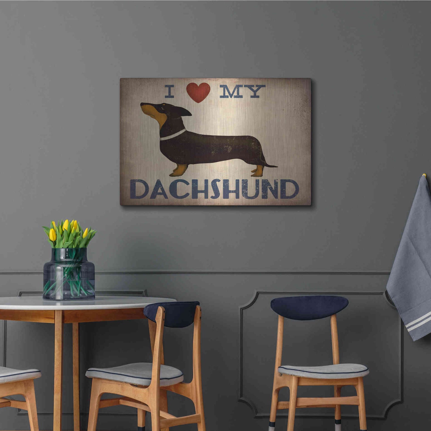 Luxe Metal Art 'Dachshund Longboards - Love v2' by Ryan Fowler, Metal Wall Art,36x24