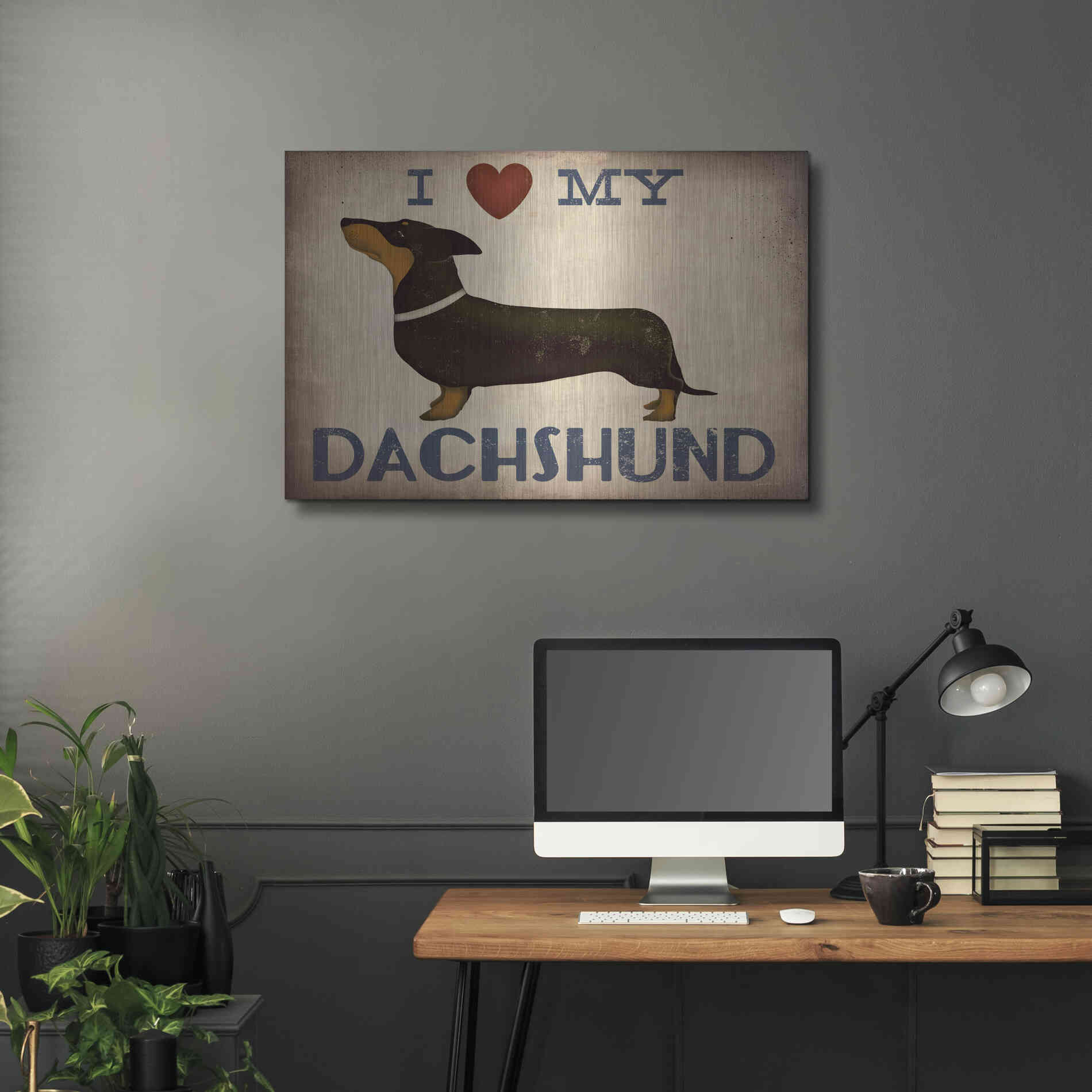 Luxe Metal Art 'Dachshund Longboards - Love v2' by Ryan Fowler, Metal Wall Art,36x24