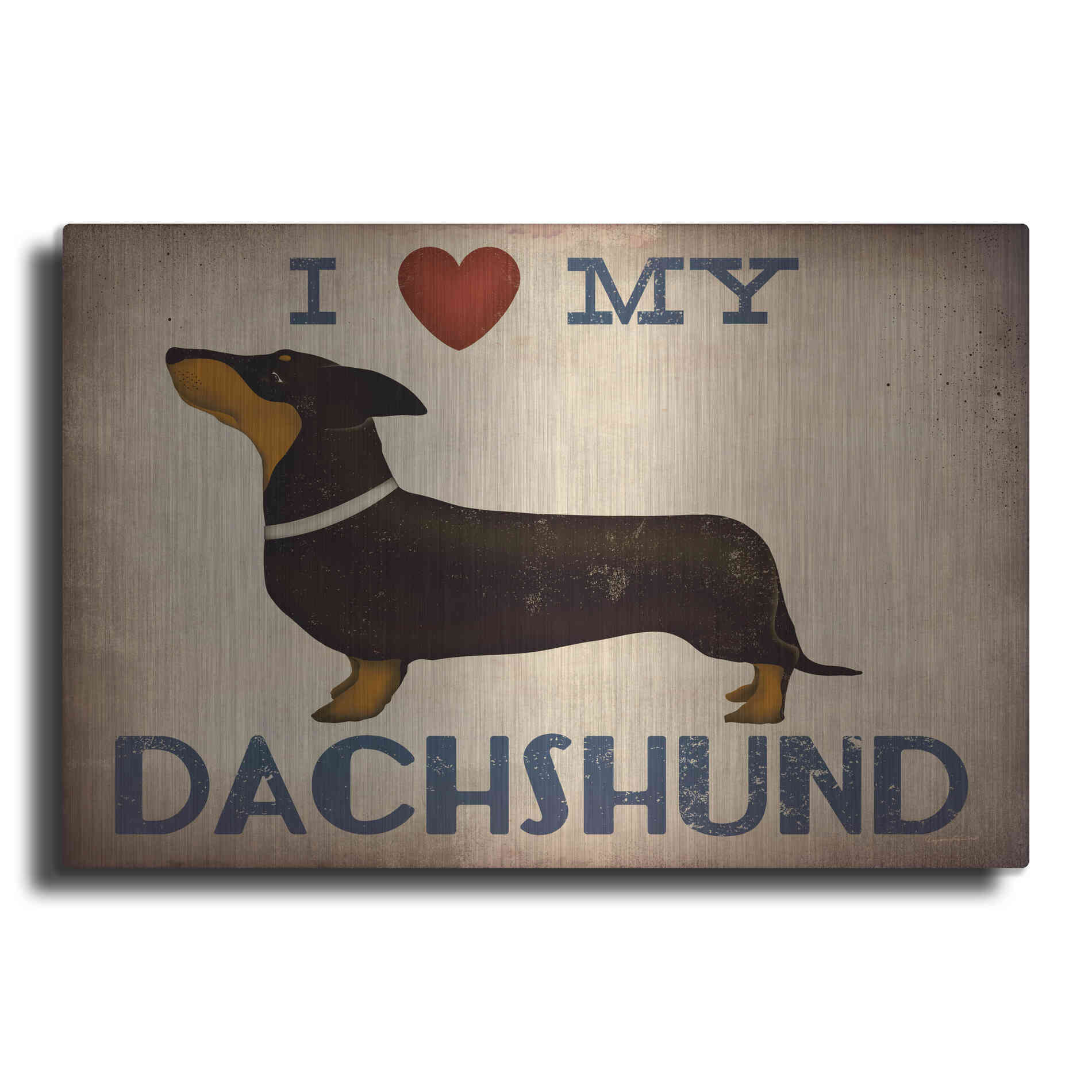 Luxe Metal Art 'Dachshund Longboards - Love v2' by Ryan Fowler, Metal Wall Art