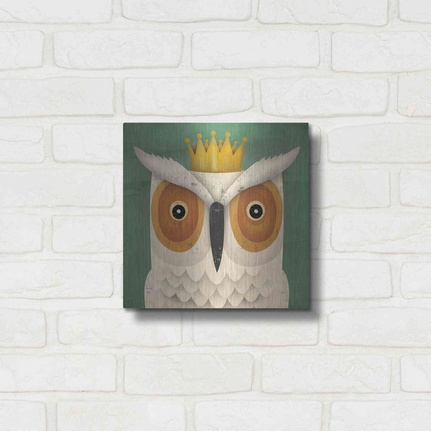 Luxe Metal Art 'White Owl with Crown' by Ryan Fowler, Metal Wall Art,12x12