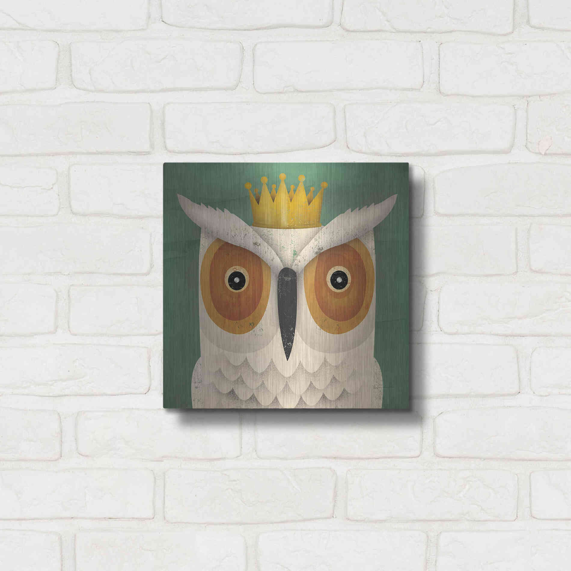 Luxe Metal Art 'White Owl with Crown' by Ryan Fowler, Metal Wall Art,12x12
