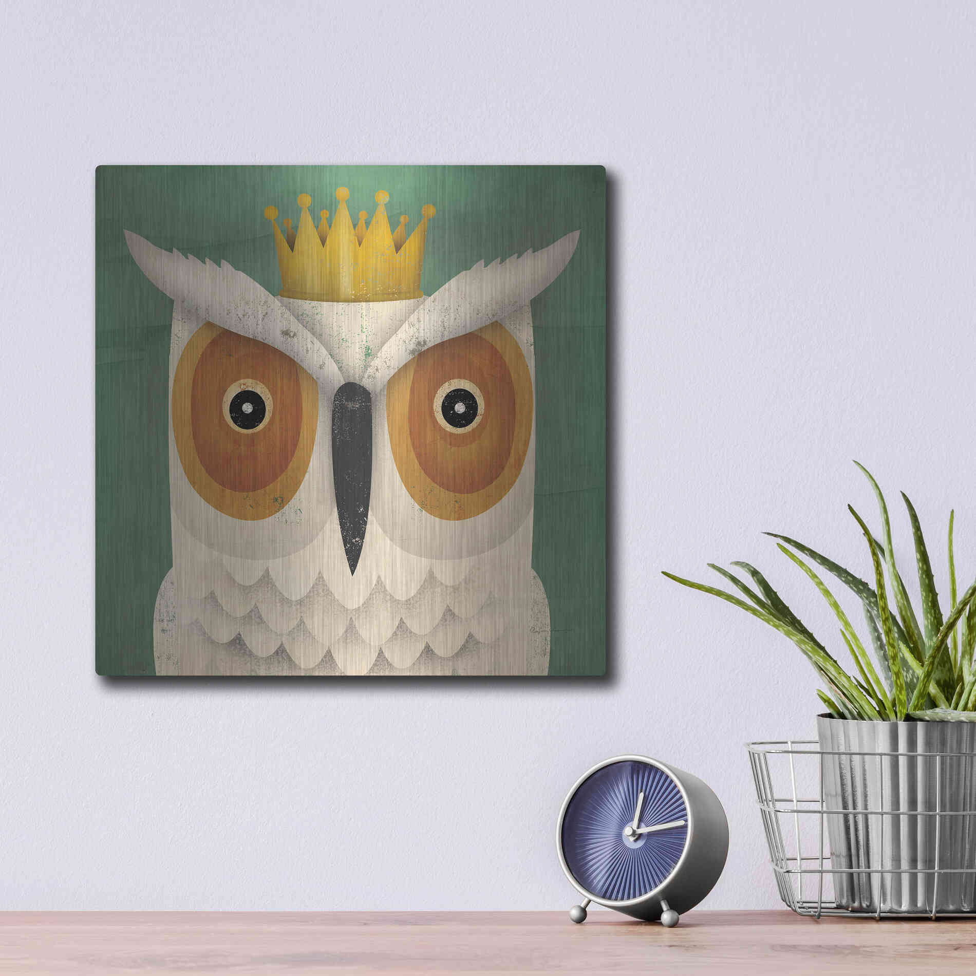 Luxe Metal Art 'White Owl with Crown' by Ryan Fowler, Metal Wall Art,12x12
