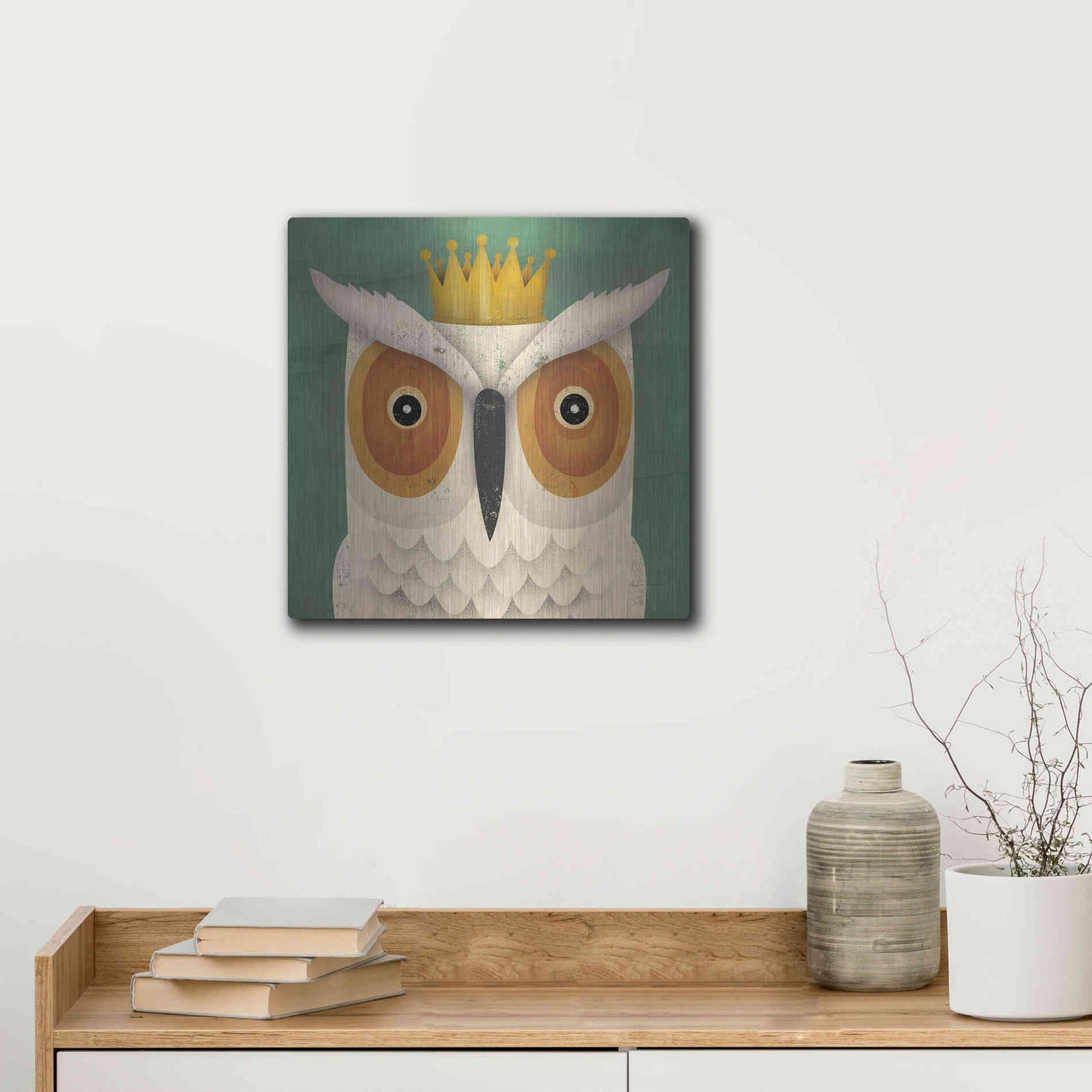 Luxe Metal Art 'White Owl with Crown' by Ryan Fowler, Metal Wall Art,12x12