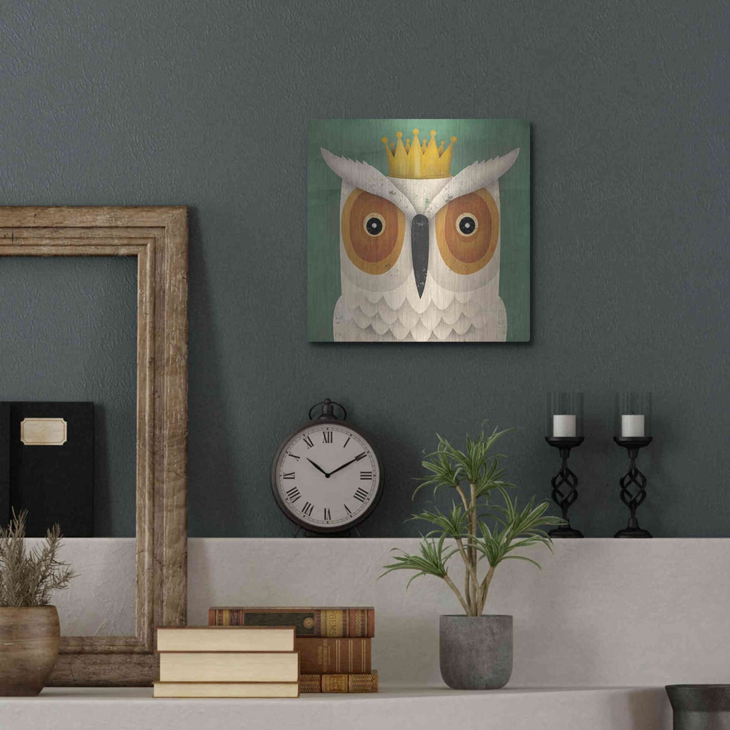 Luxe Metal Art 'White Owl with Crown' by Ryan Fowler, Metal Wall Art,12x12