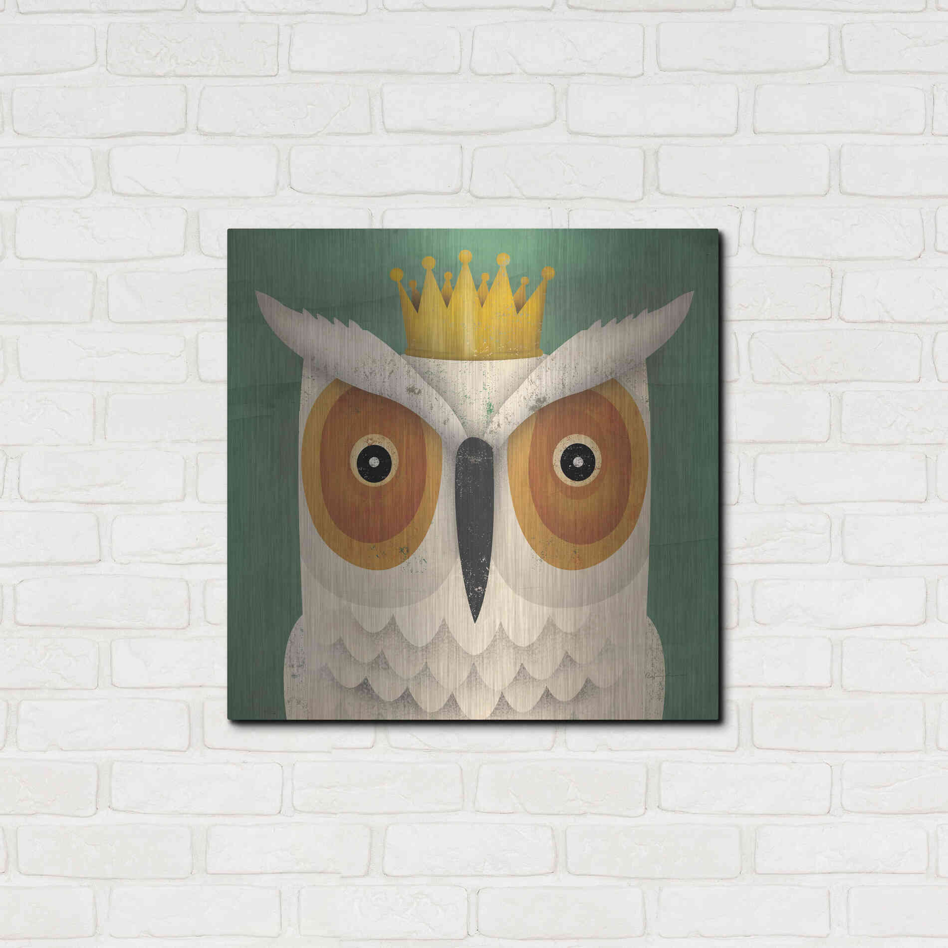 Luxe Metal Art 'White Owl with Crown' by Ryan Fowler, Metal Wall Art,24x24