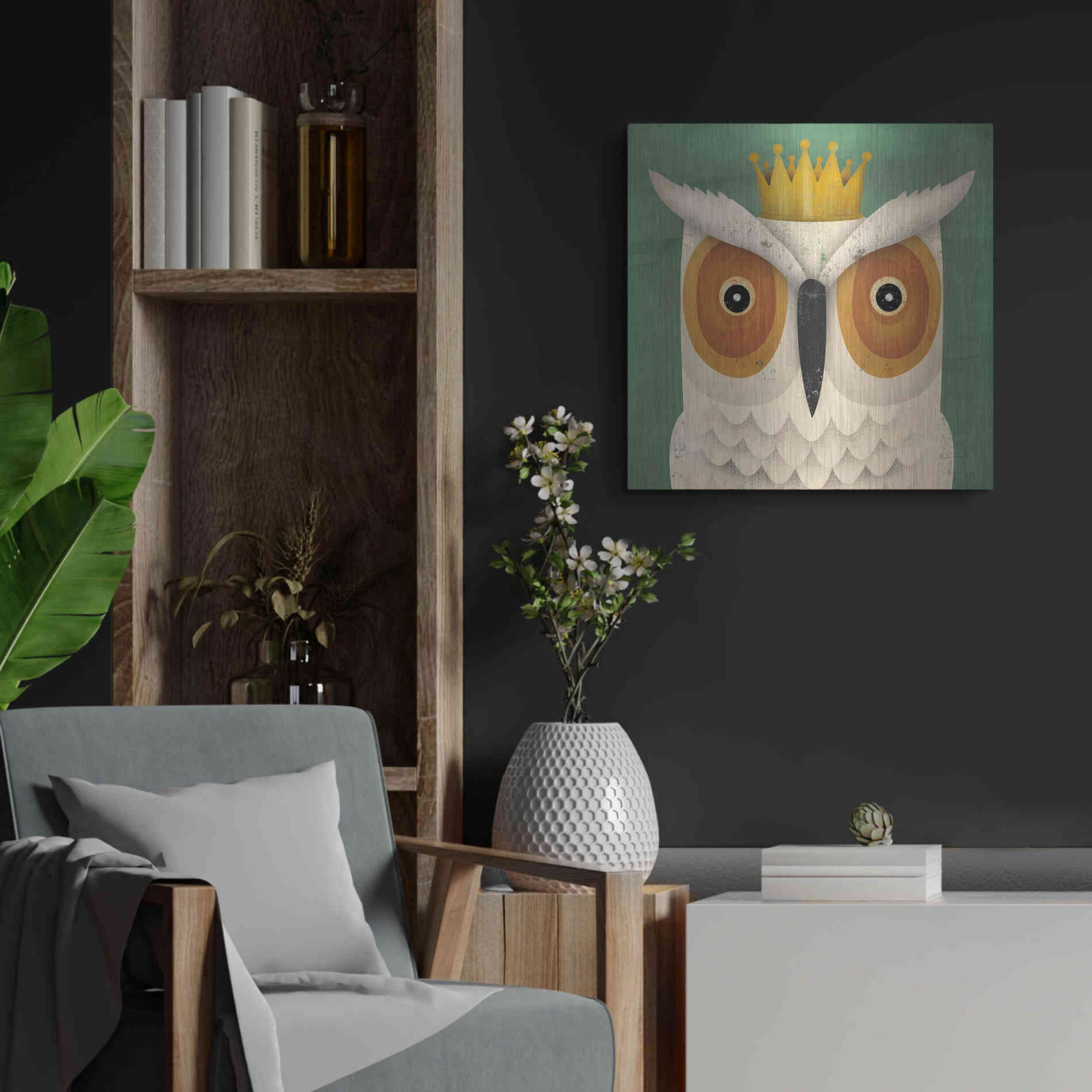 Luxe Metal Art 'White Owl with Crown' by Ryan Fowler, Metal Wall Art,24x24