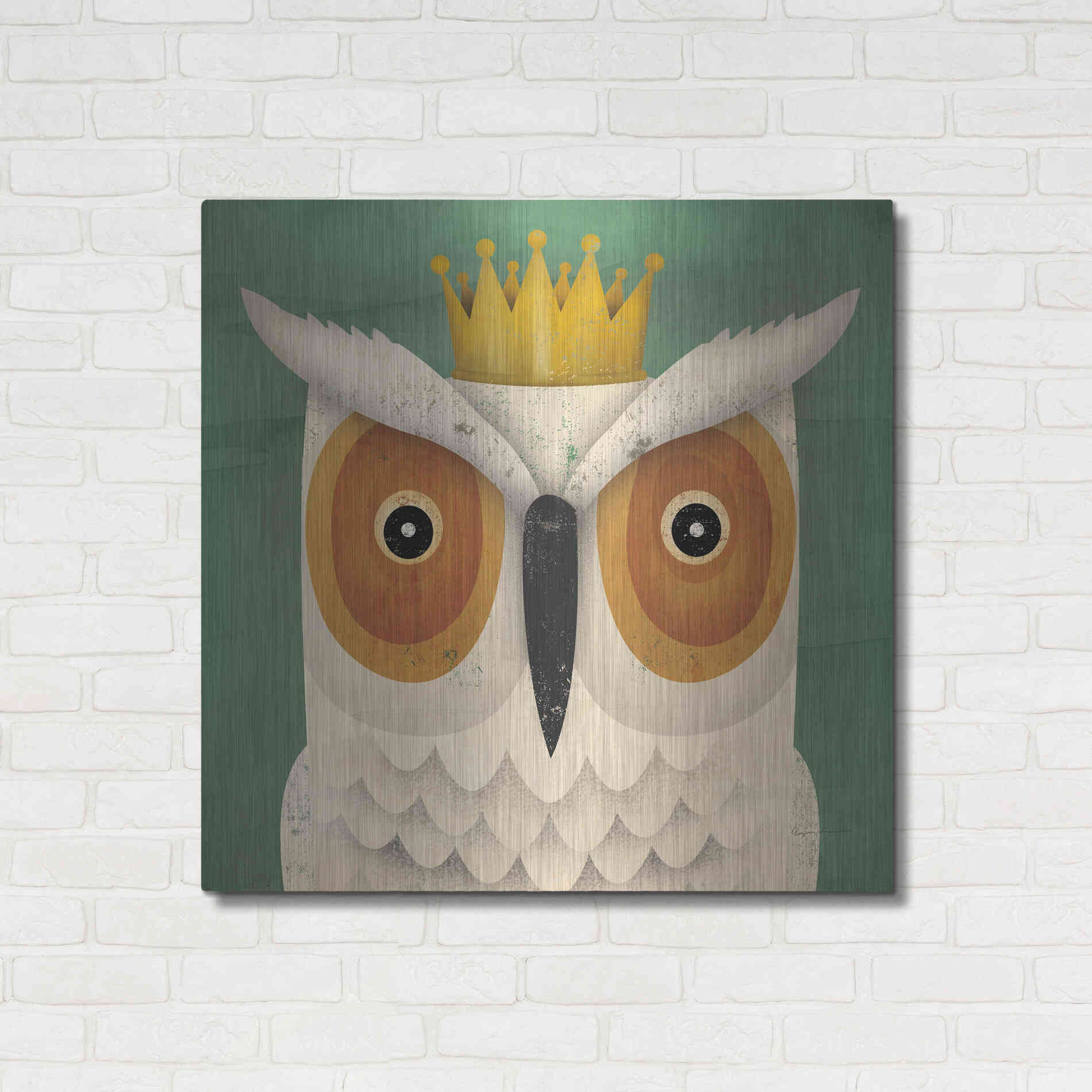 Luxe Metal Art 'White Owl with Crown' by Ryan Fowler, Metal Wall Art,36x36