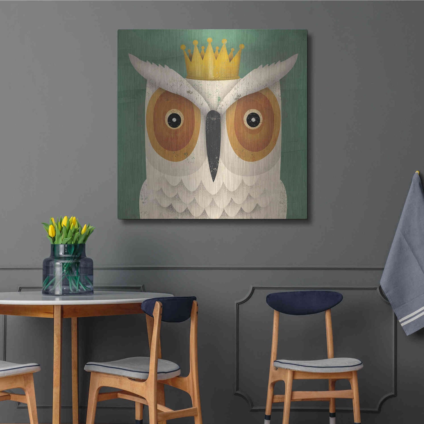 Luxe Metal Art 'White Owl with Crown' by Ryan Fowler, Metal Wall Art,36x36