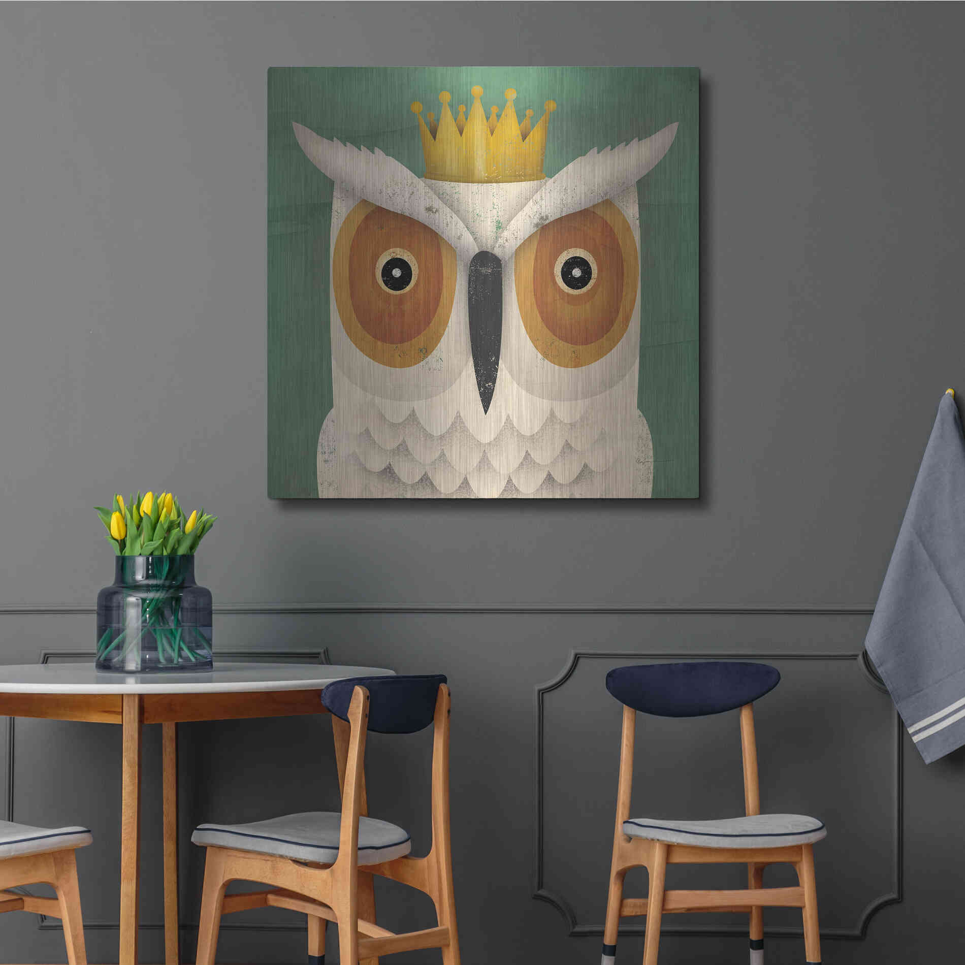 Luxe Metal Art 'White Owl with Crown' by Ryan Fowler, Metal Wall Art,36x36