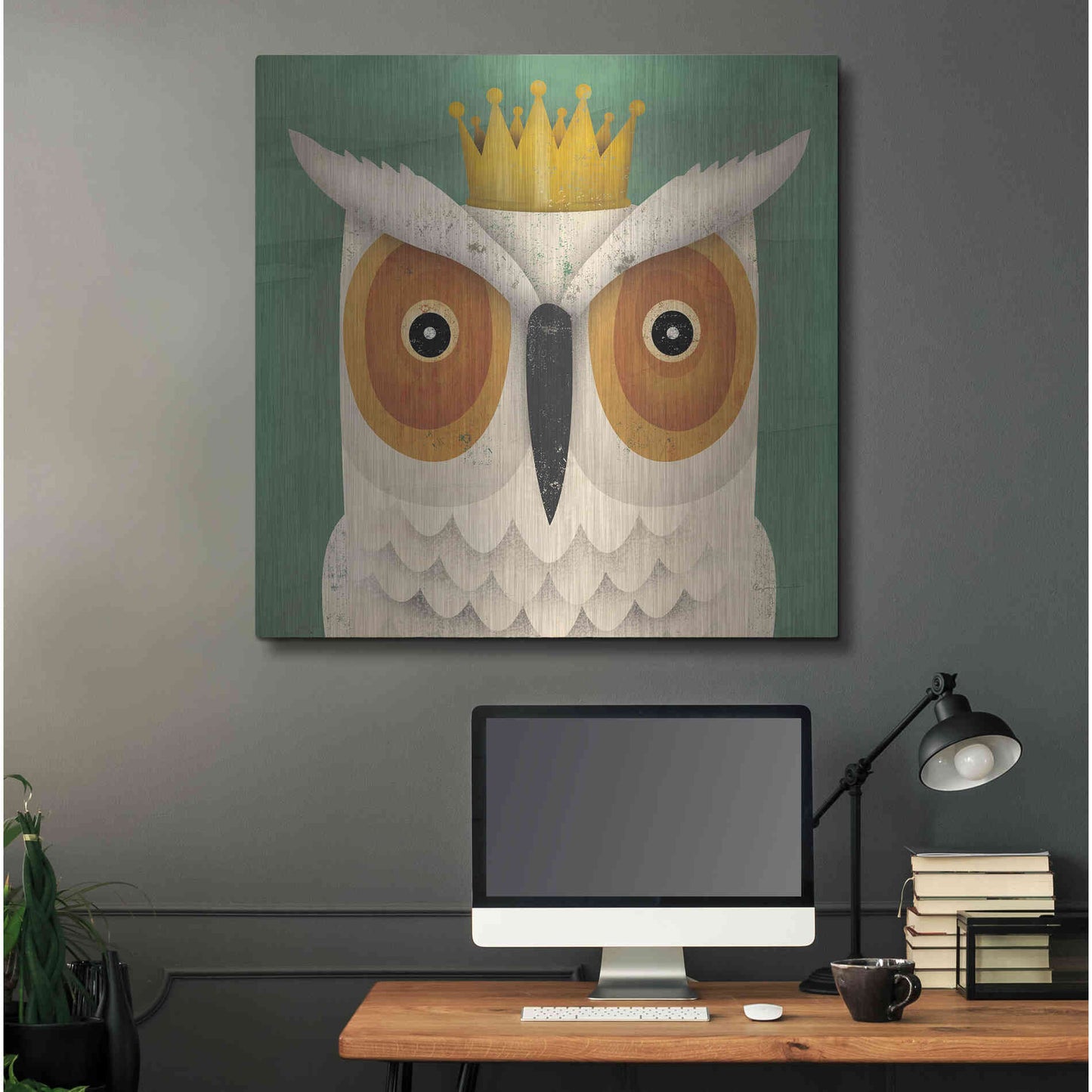 Luxe Metal Art 'White Owl with Crown' by Ryan Fowler, Metal Wall Art,36x36