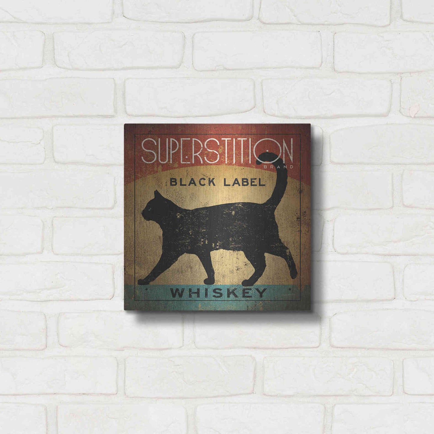 Luxe Metal Art 'Superstition Black Label Whiskey Cat' by Ryan Fowler, Metal Wall Art,12x12